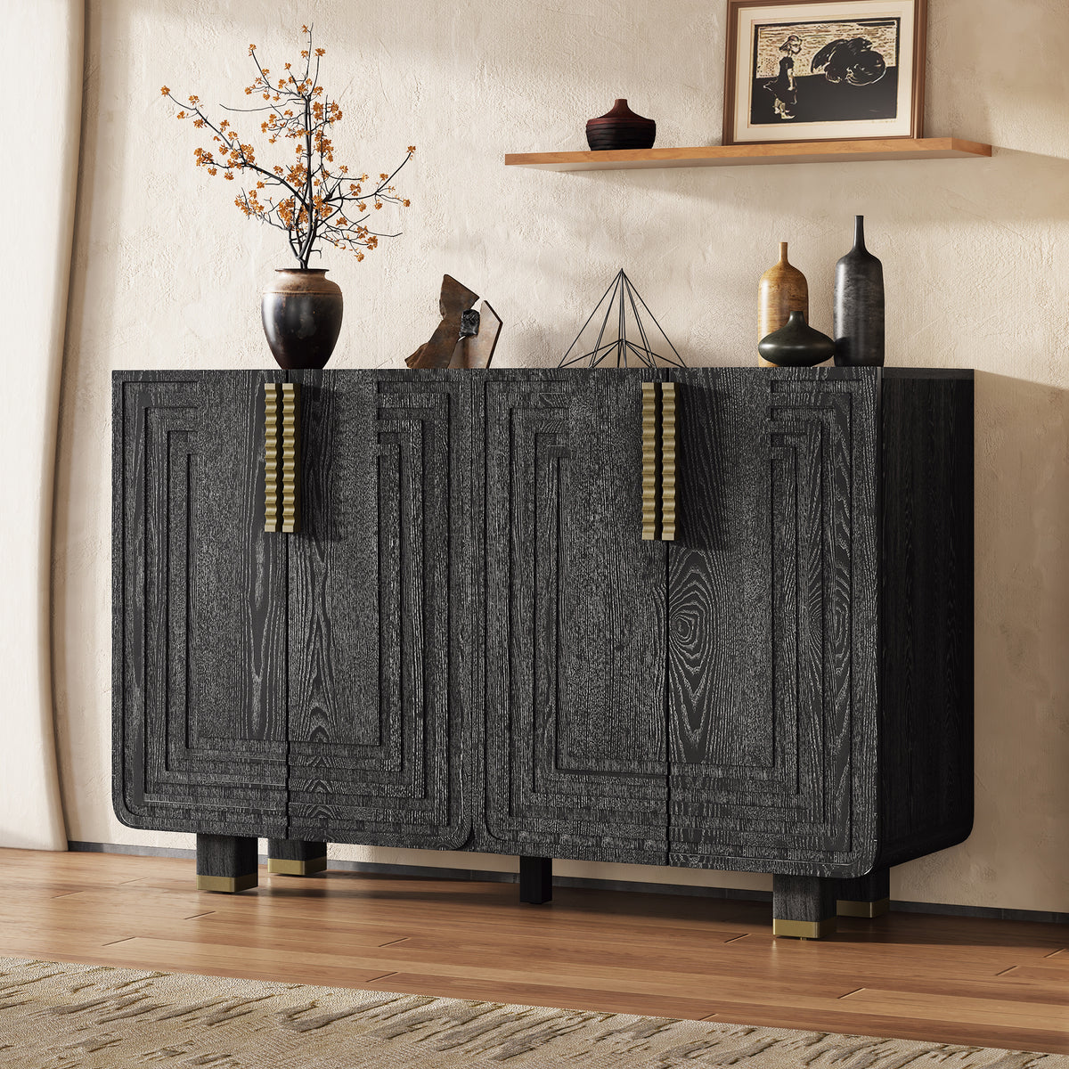 54' Retro Buffet Cabinet with Storage, 4-Door Vintage Fluted Sideboard Cabinet with Adjustable Shelves for Dining Room, Kitchen, and Living Room (Black)