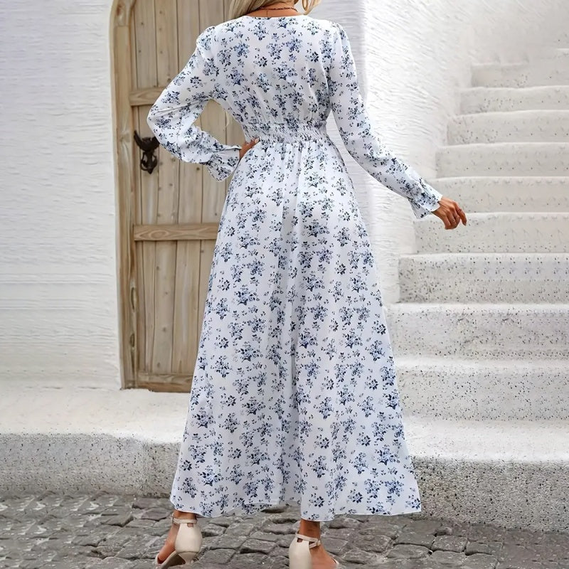 Women's Floral Damask Print Maxi Dress, V-Neck, Long Sleeve, A-Line