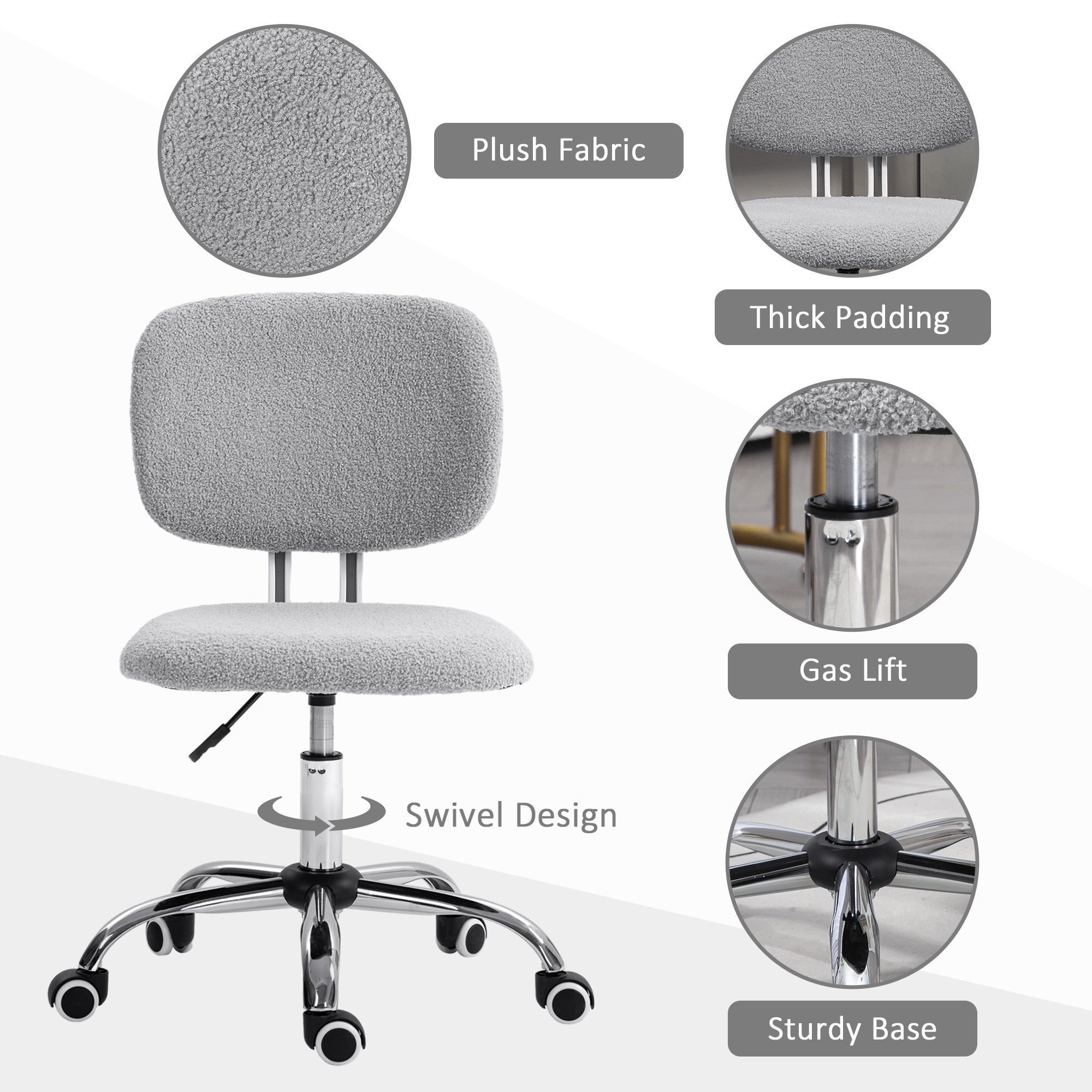 Teddy Fleece Fabric Computer Desk Chair with Adjustable Height- Light Gray