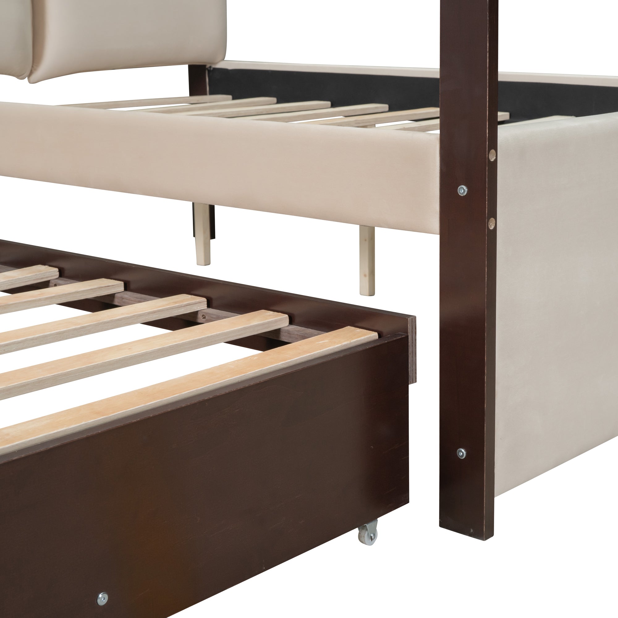 Full Size Upholstered  Canopy Bed with Trundle and 3 Drawers - Beige