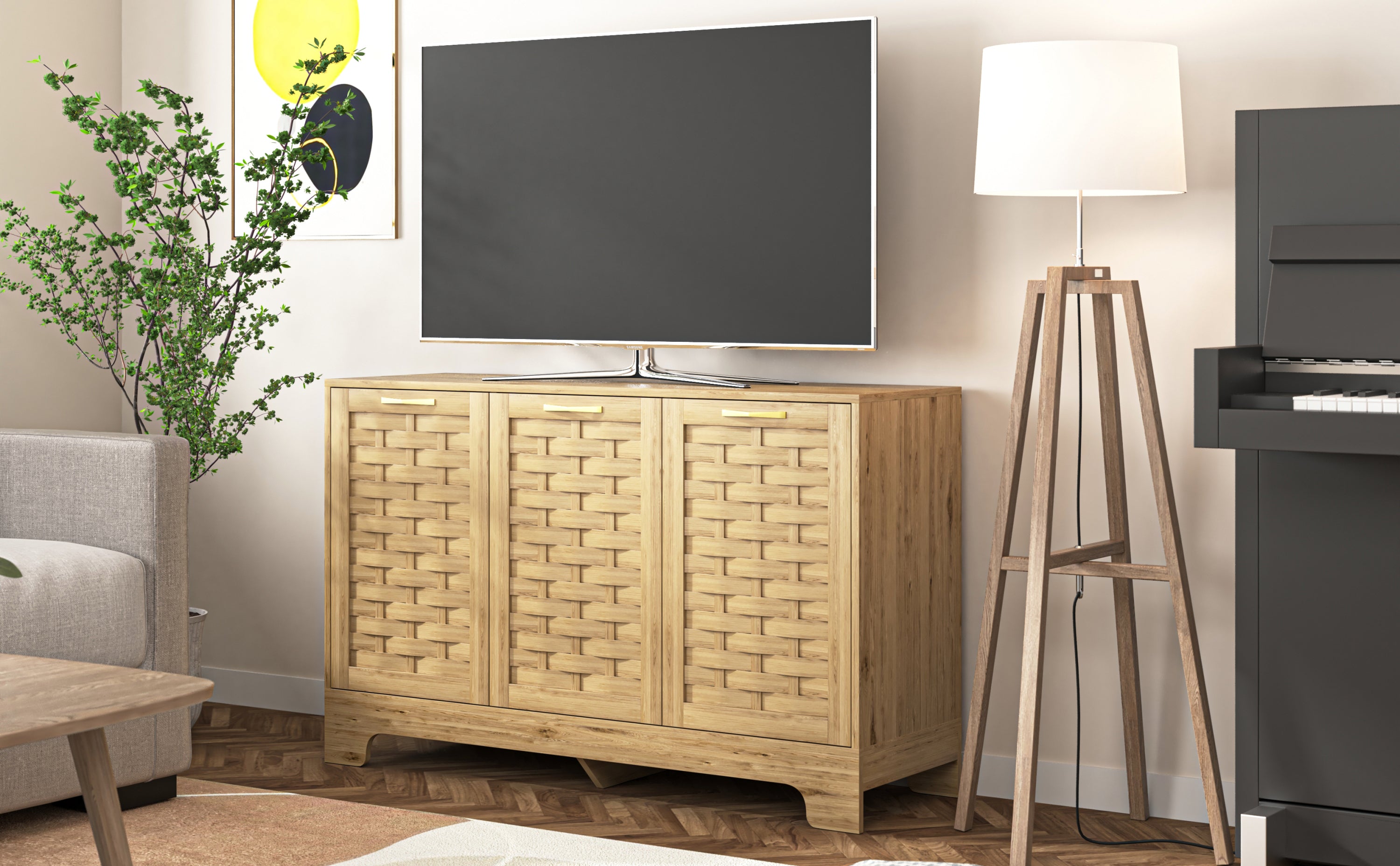 Storage Cabinet with 3 Doors, Wood Sideboard Buffet with Adjustable Shelf, Anti-tip Kit Accent Cabinet