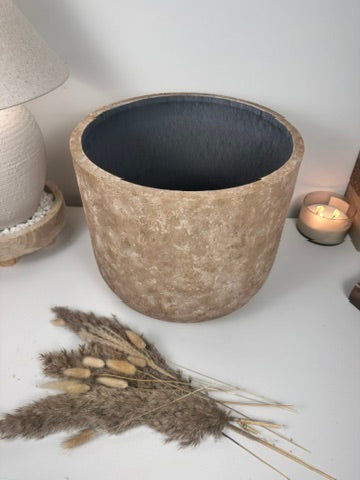 Rustic Hand-Painted & Textured Planter 12" tall with drainage hole one time creation - Brown washed
