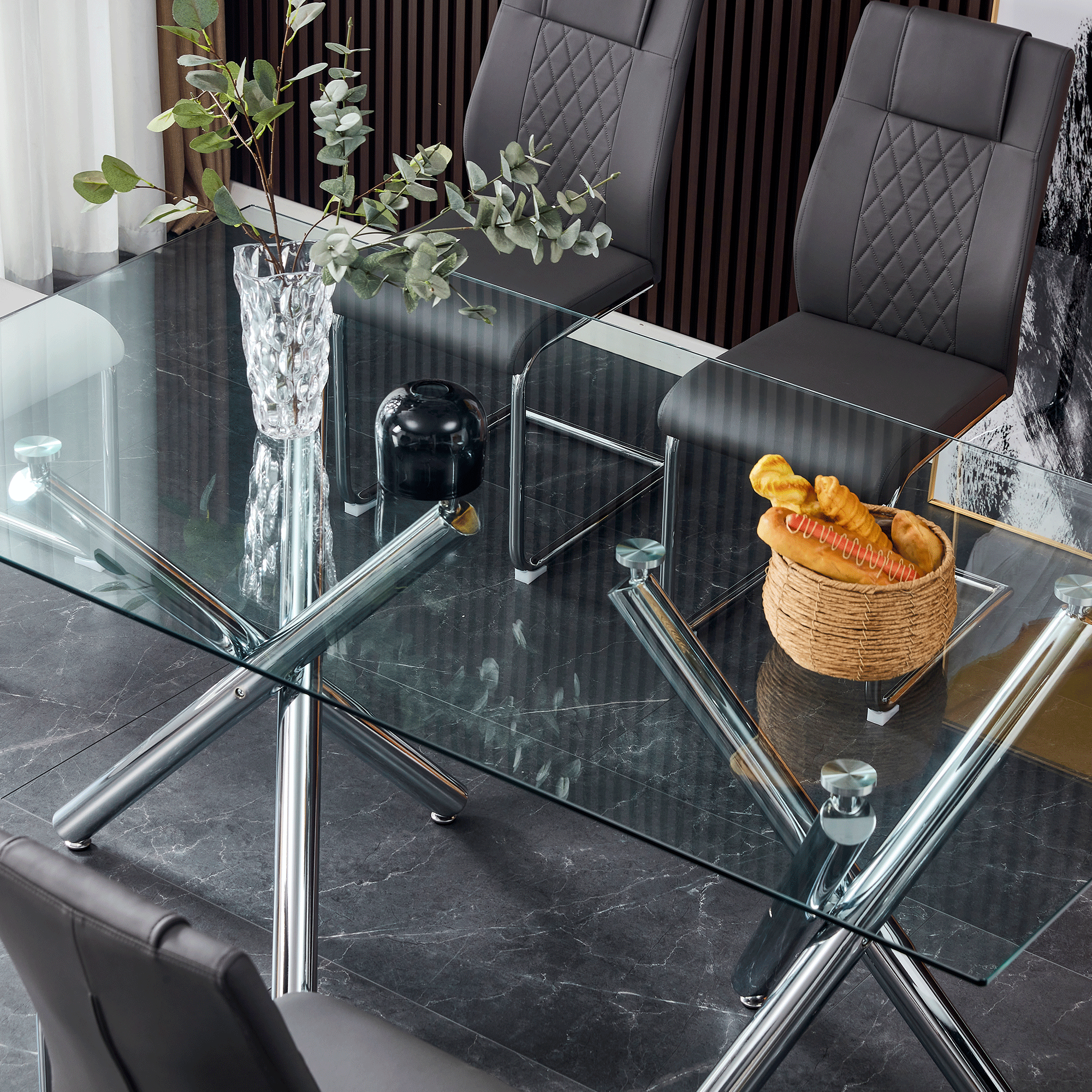 Modern Minimalist Rectangular Glass Dining Table for 6-8 with 0.39" Tempered Glass Tabletop and Silver Chrome Metal Legs
