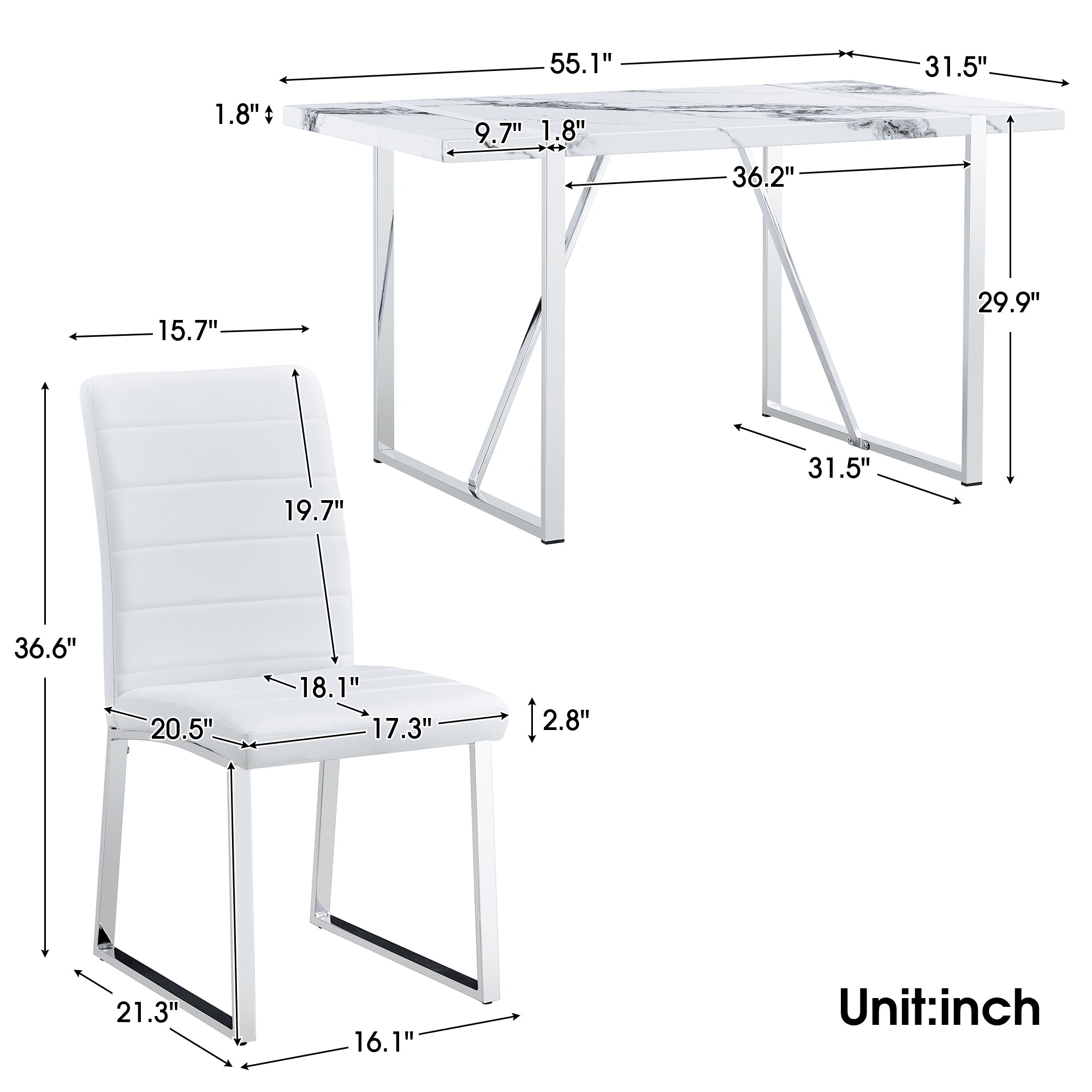Dining Table Chairs Set for 4, Rectangular Dining Room Table Set, Faux Marble Modern Dining Table & Leather Chairs for Kitchen Dining Room, White