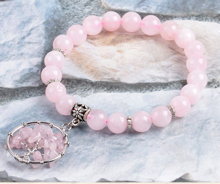 Chakra Pink Quartz Tree of Life - Beaded Bracelet