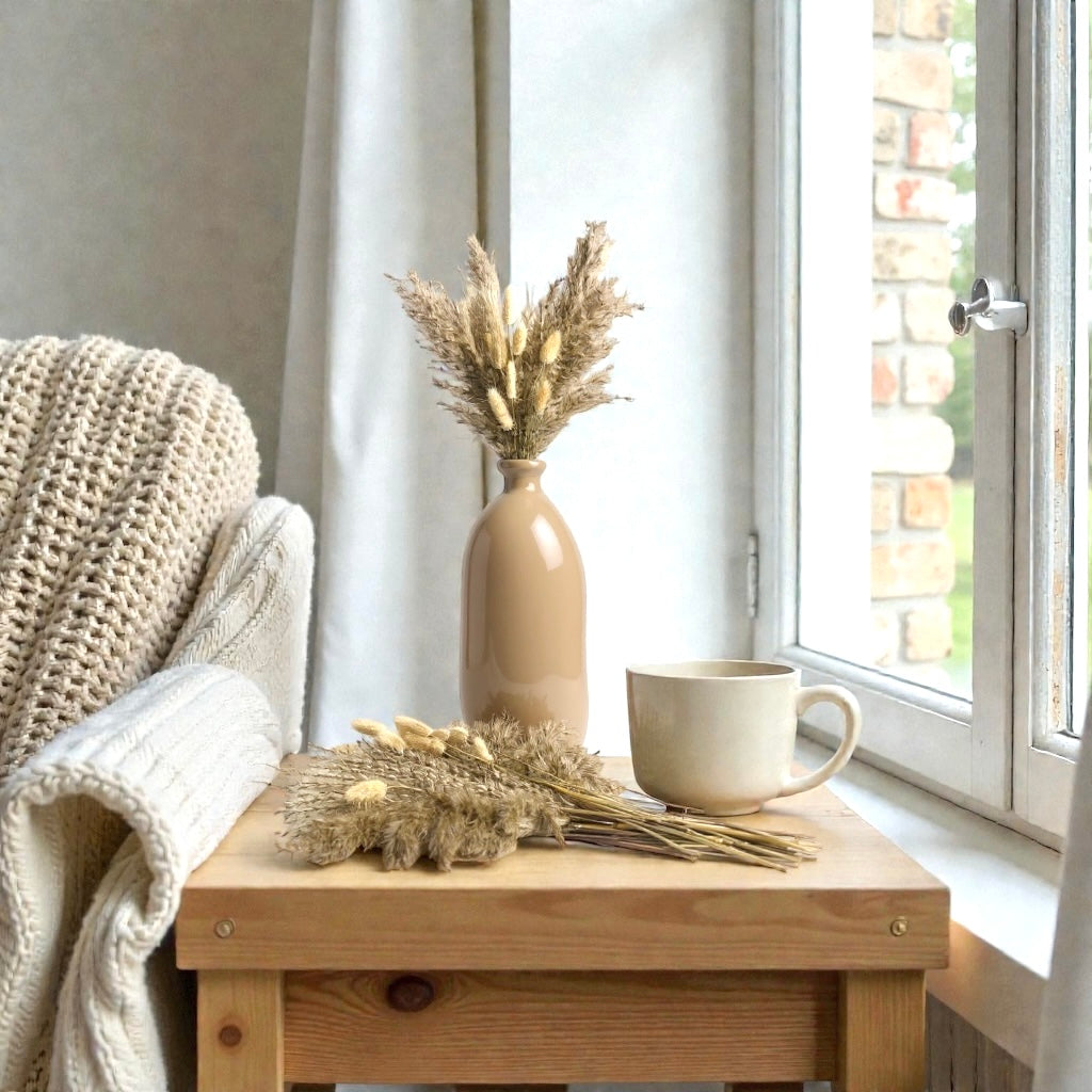 Contemporary Spanish Handcrafted Decorative Glass Vase, Tan, Modern Cylindrical Design 14"