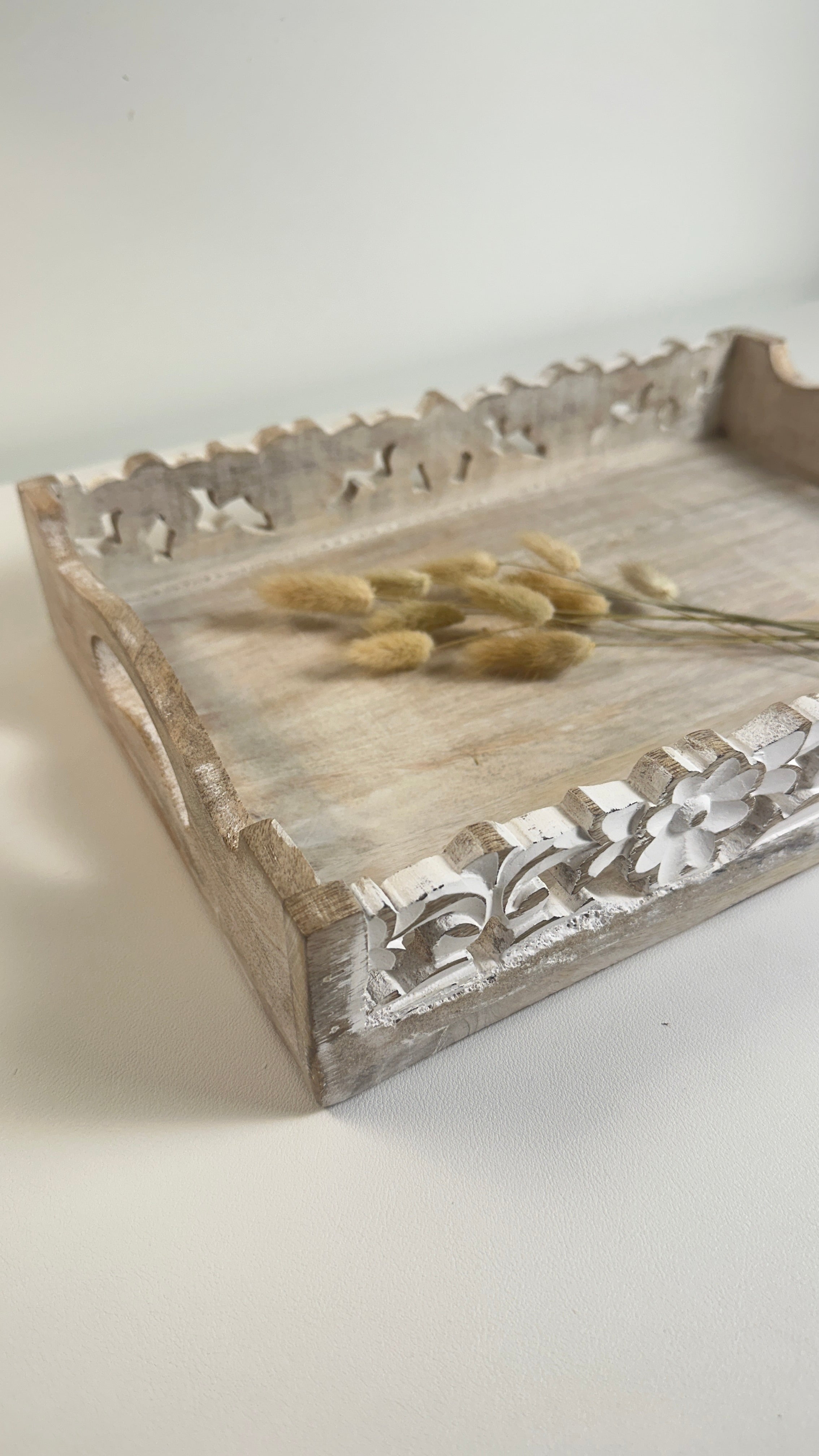 Boho Handmade Decorative Serving Wooden Tray Whitewashed