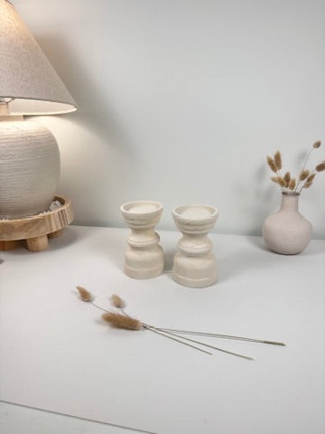 Set of 2 Candle Holders Minimalist Style Hand-Painted and Textured Wood 6" tall each - Cream White