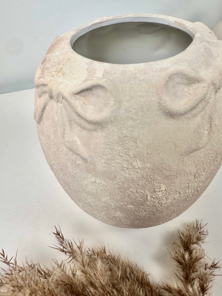 Hand-Painted Textured Ceramic Vase with Bow Accent, Cream Sand Washed, 7 Inch Tall