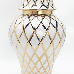 16.50"H White and Gold Ceramic Decorative Ginger Jar Vase