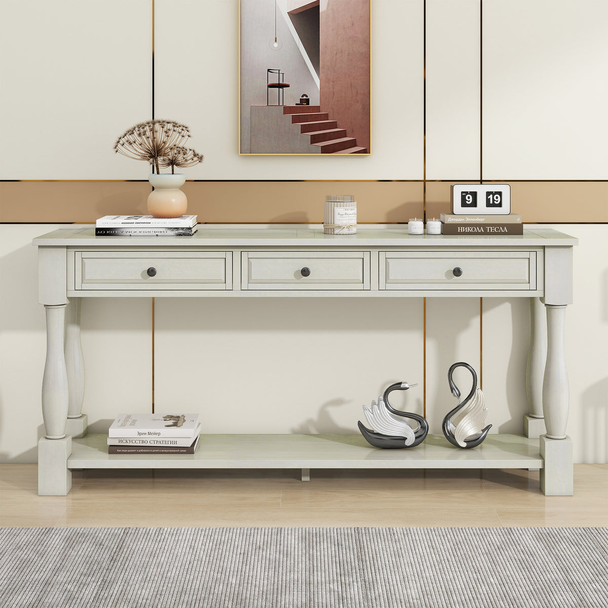 63" Long Console Table with Drawers and Shelf for Entryway, Hallway, Living Room - Antique White