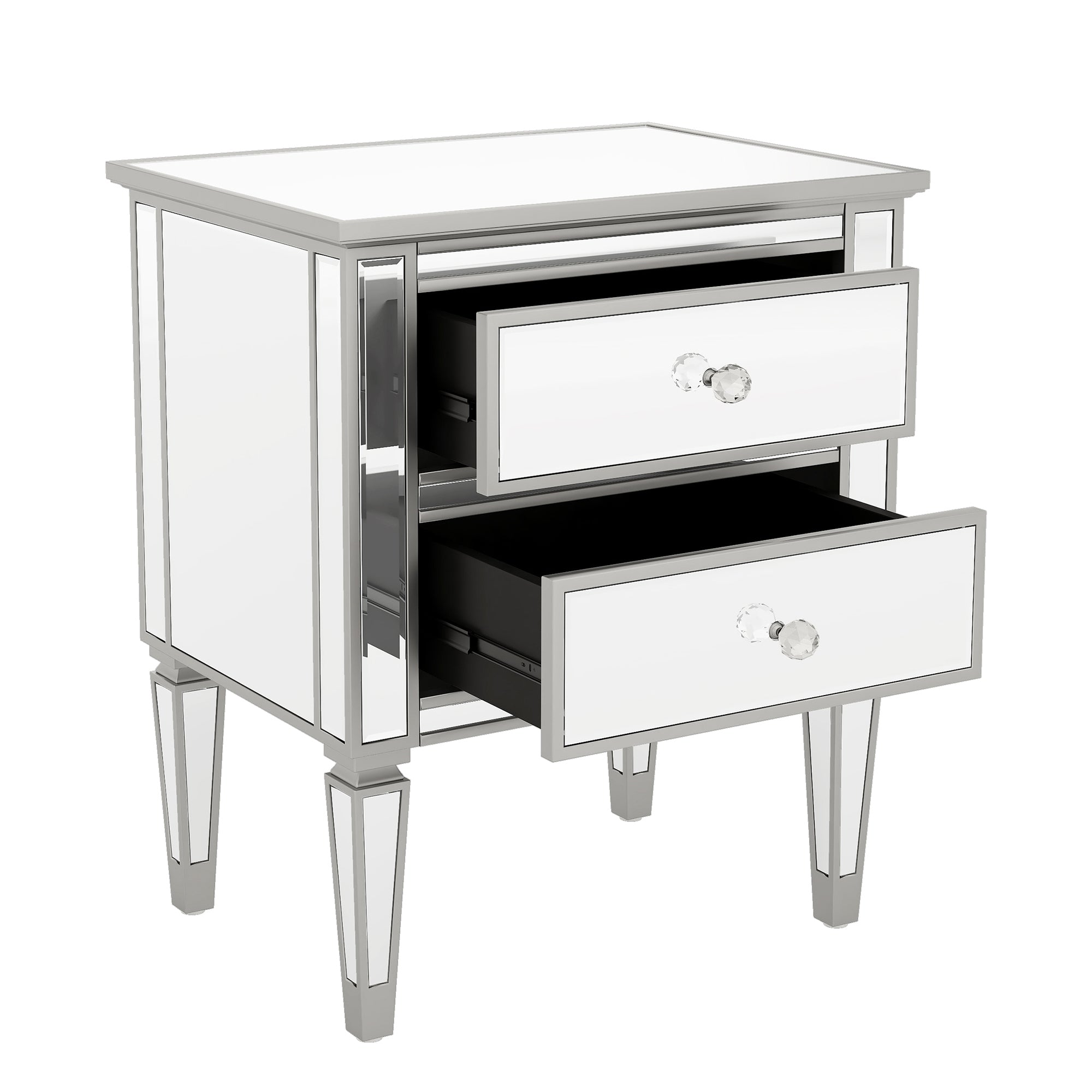Elegant Mirrored Side Table with 2 Drawers, Modern Silver Finished