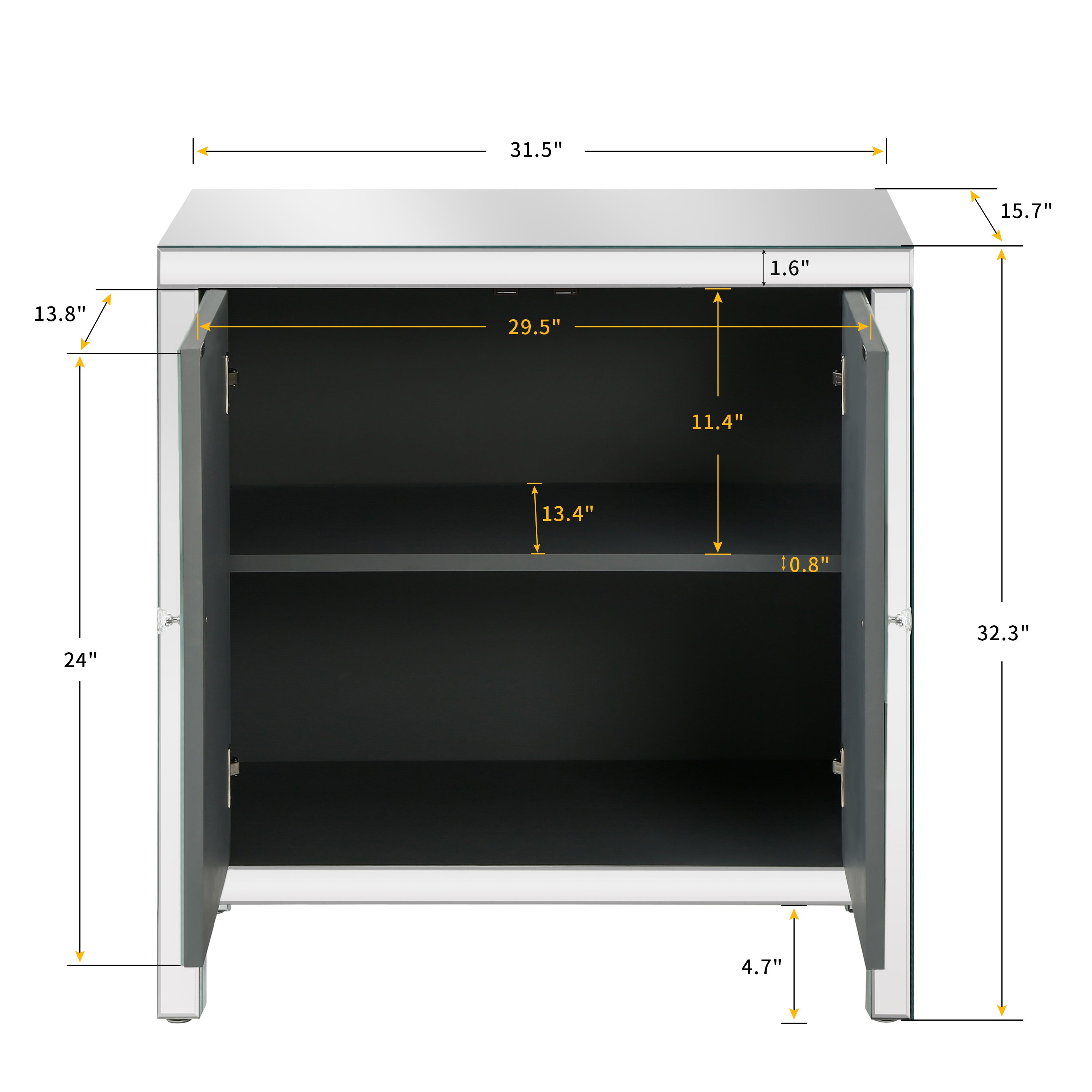Cabinet with Mirror Trim and M Shape Design, Silver