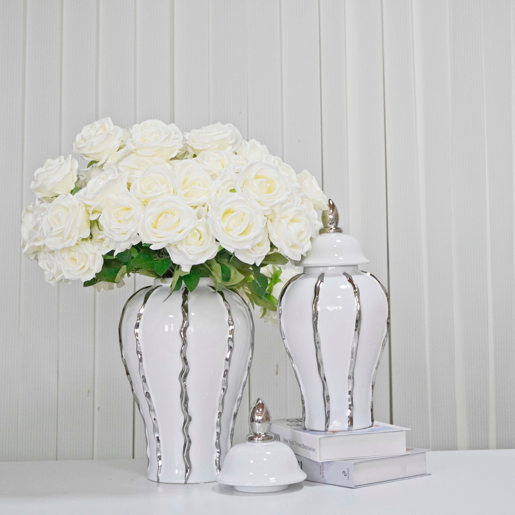 15"H White Ginger Jar with Silver Ornament