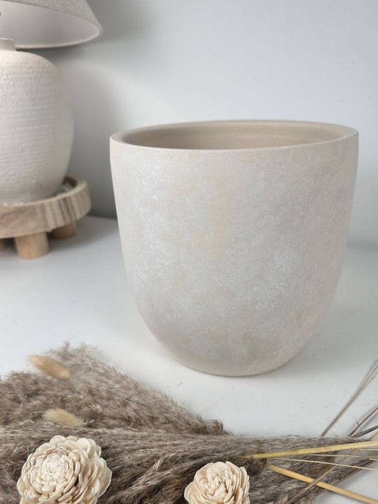 9" tall Minimalist Hand-Painted & Textured Planter Pot with drainage hole - Sand wash