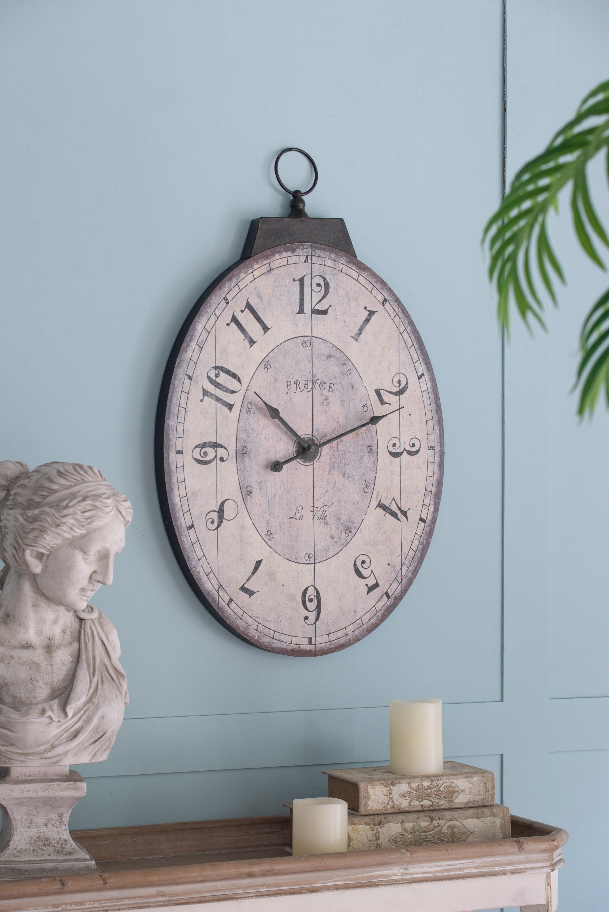 18"x29" Antique White Oval Wall Clock, Traditional Vintage Home Decor Clock