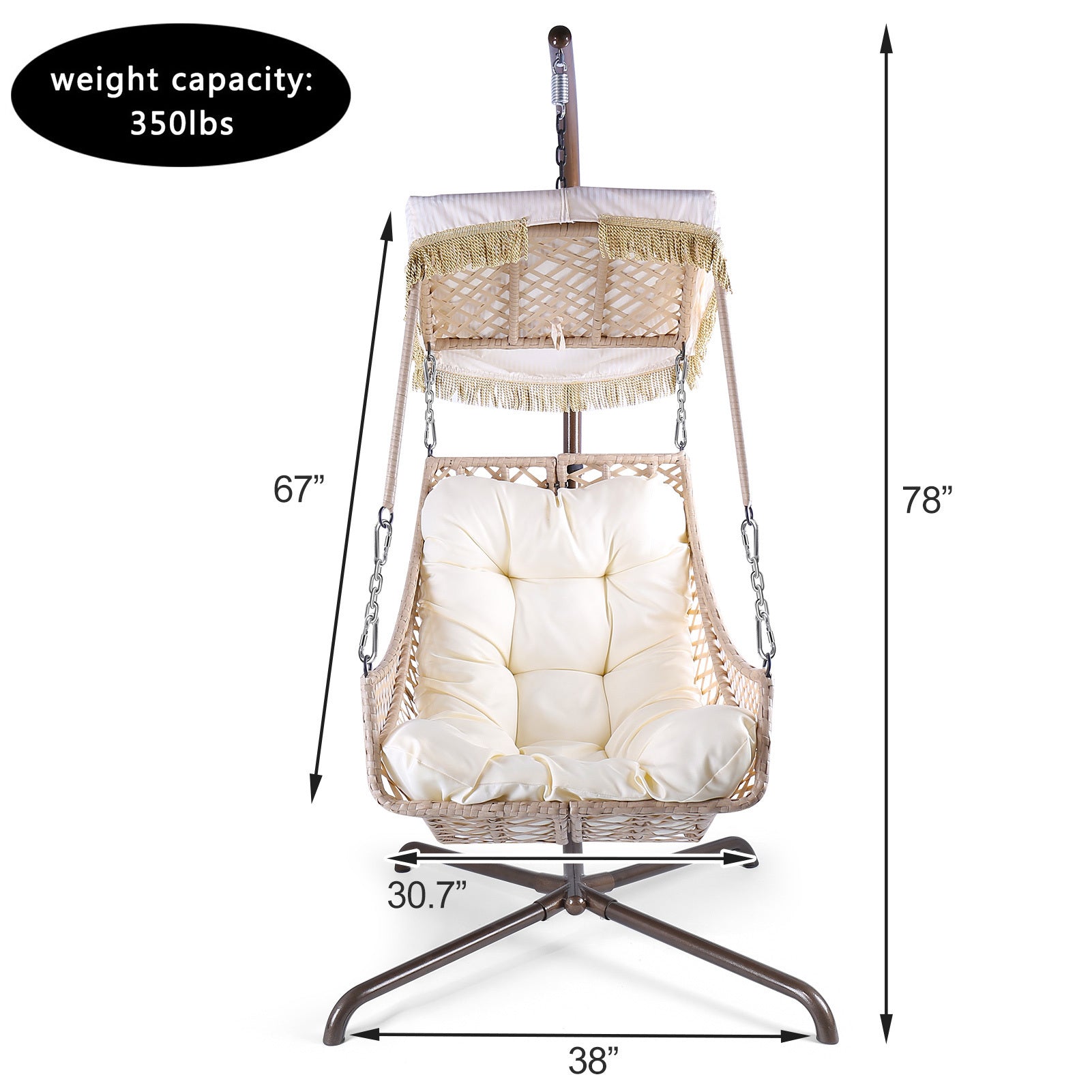 Swing Egg Chair with Stand Indoor Outdoor, UV Resistant Black Cushion with Cup Holder, Wicker Rattan Frame with Sunshade Cloth