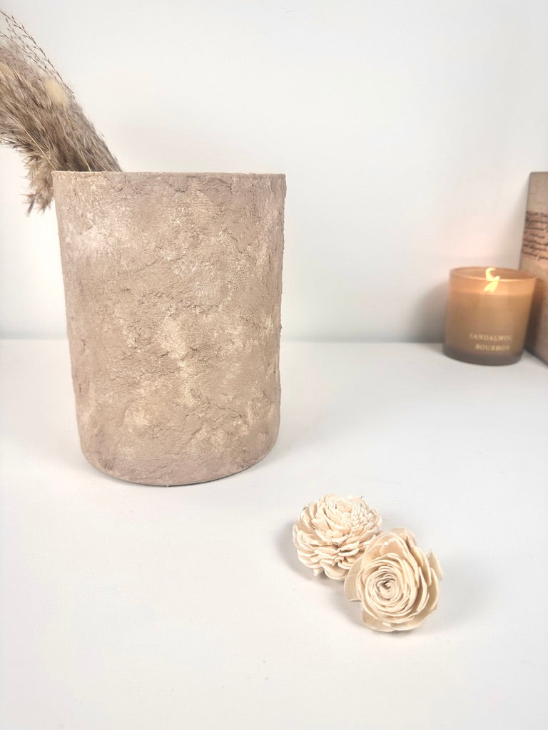 Minimalist Textured Hand-painted Glass Vase 8" - Beige washed