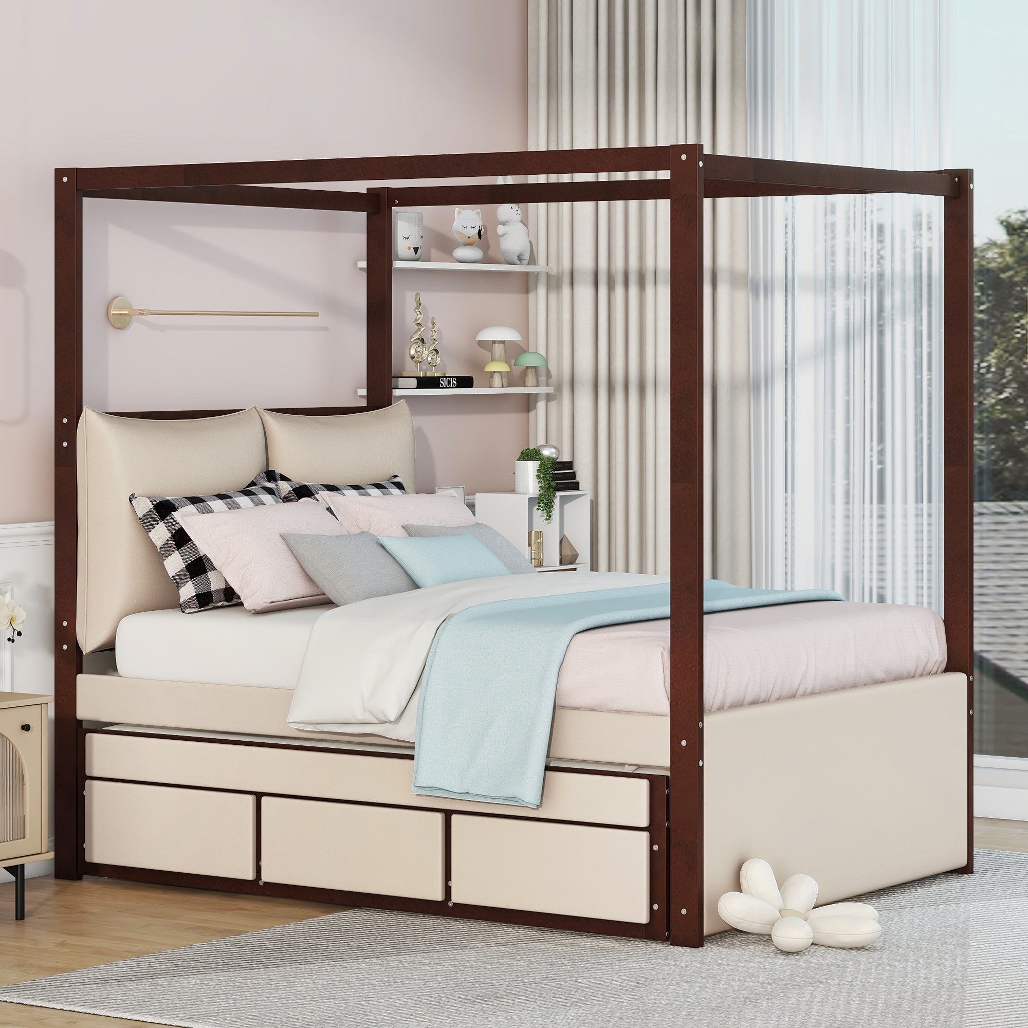 Full Size Upholstered  Canopy Bed with Trundle and 3 Drawers - Beige