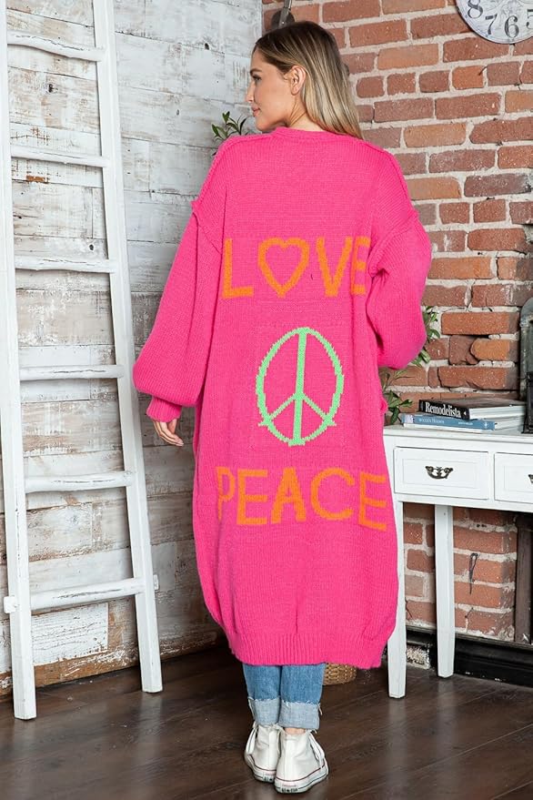 Cozy Women's Love Peace Graphic Oversized Cardigan Sweater Long Sleeve