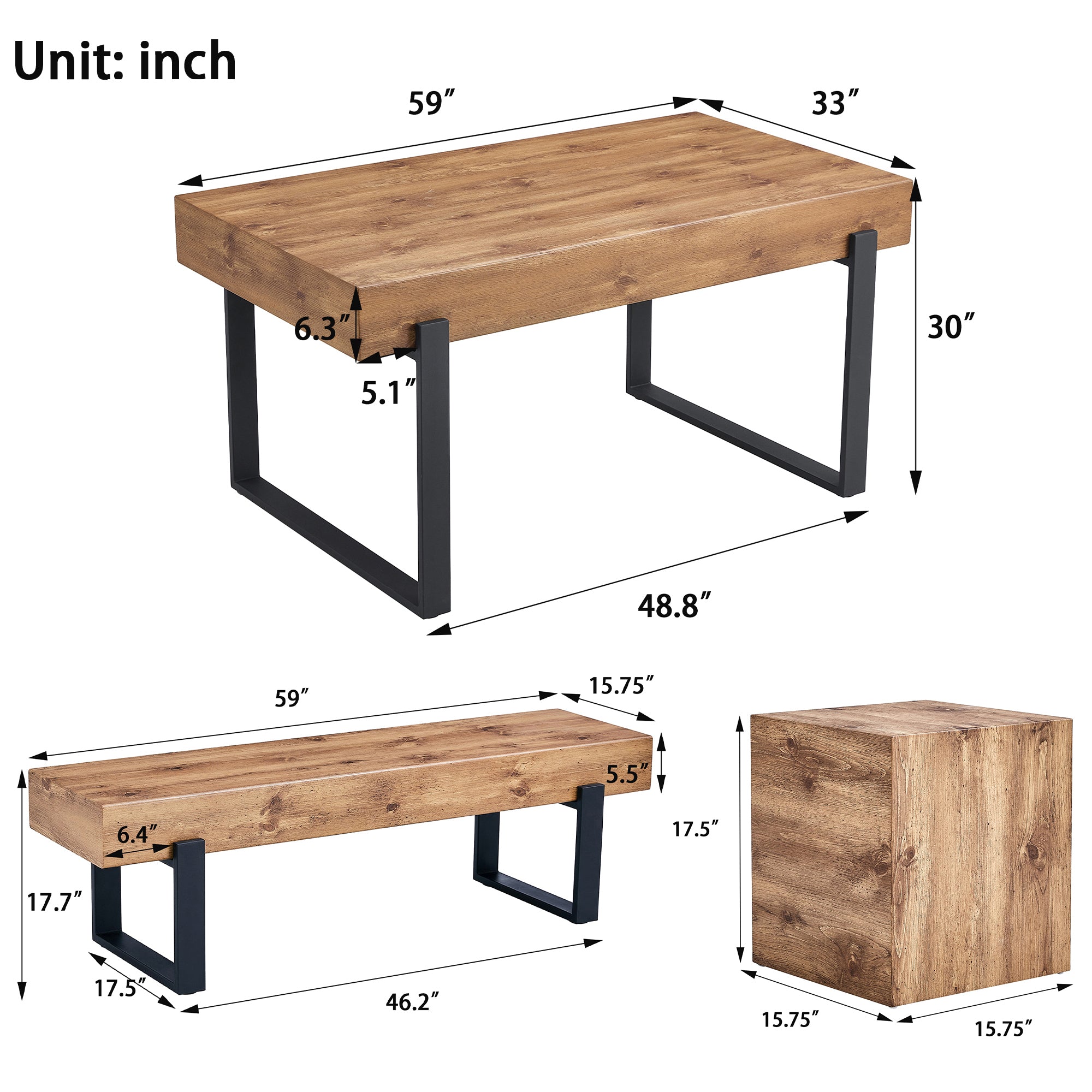3-Piece Dining Table Set for 4 People, 59" Kitchen Table Set with 2 Bench, Dining Room Table with Heavy-Duty Frame, Easy Assembly - Natural Wood Wash