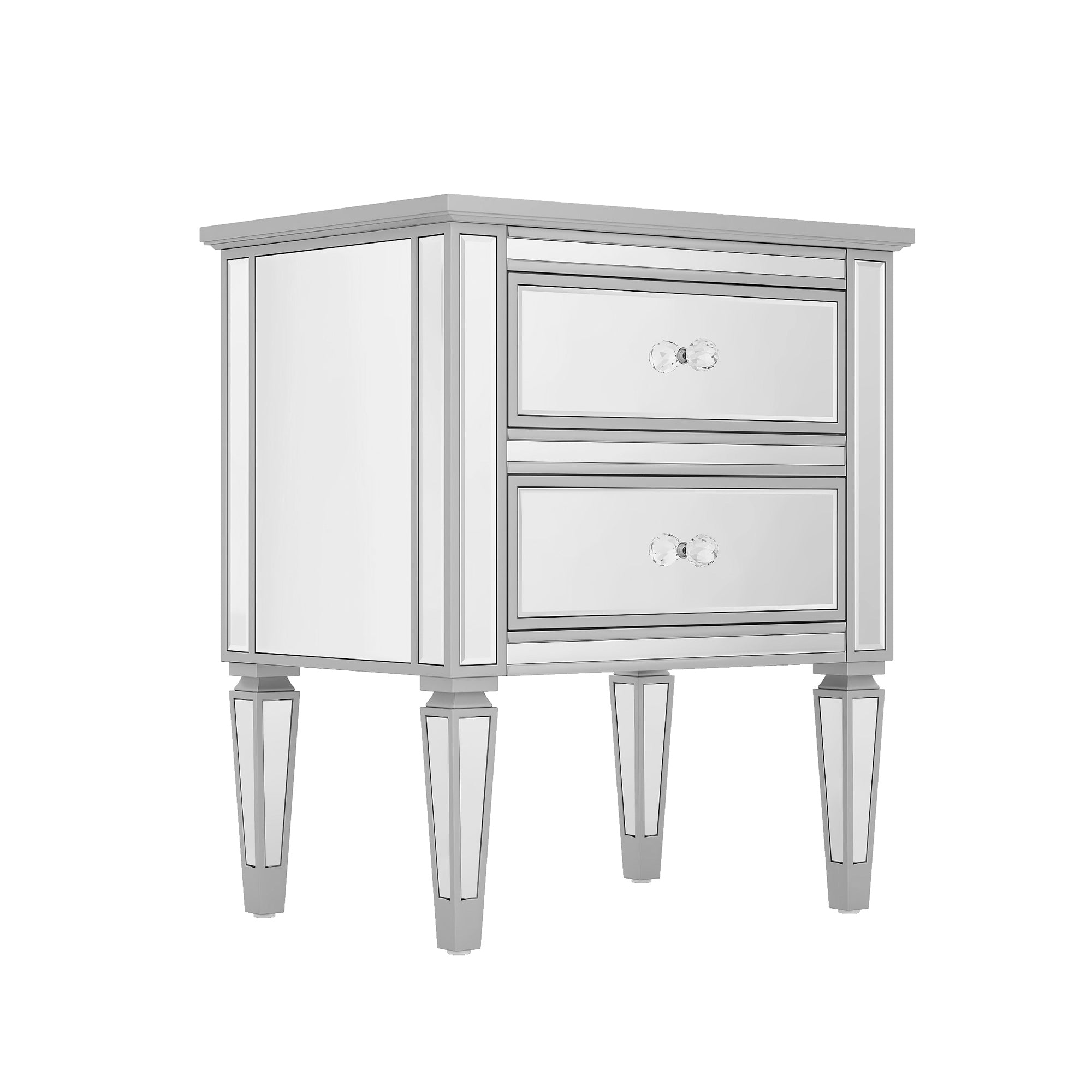 Elegant Mirrored Side Table with 2 Drawers, Modern Silver Finished