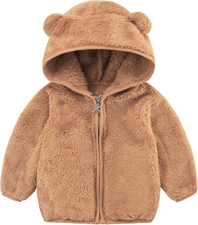 Baby Sherpa Fleece Hooded Jacket, Soft Plush Winter Coat with Bear Ears, Zip-Up for Toddlers