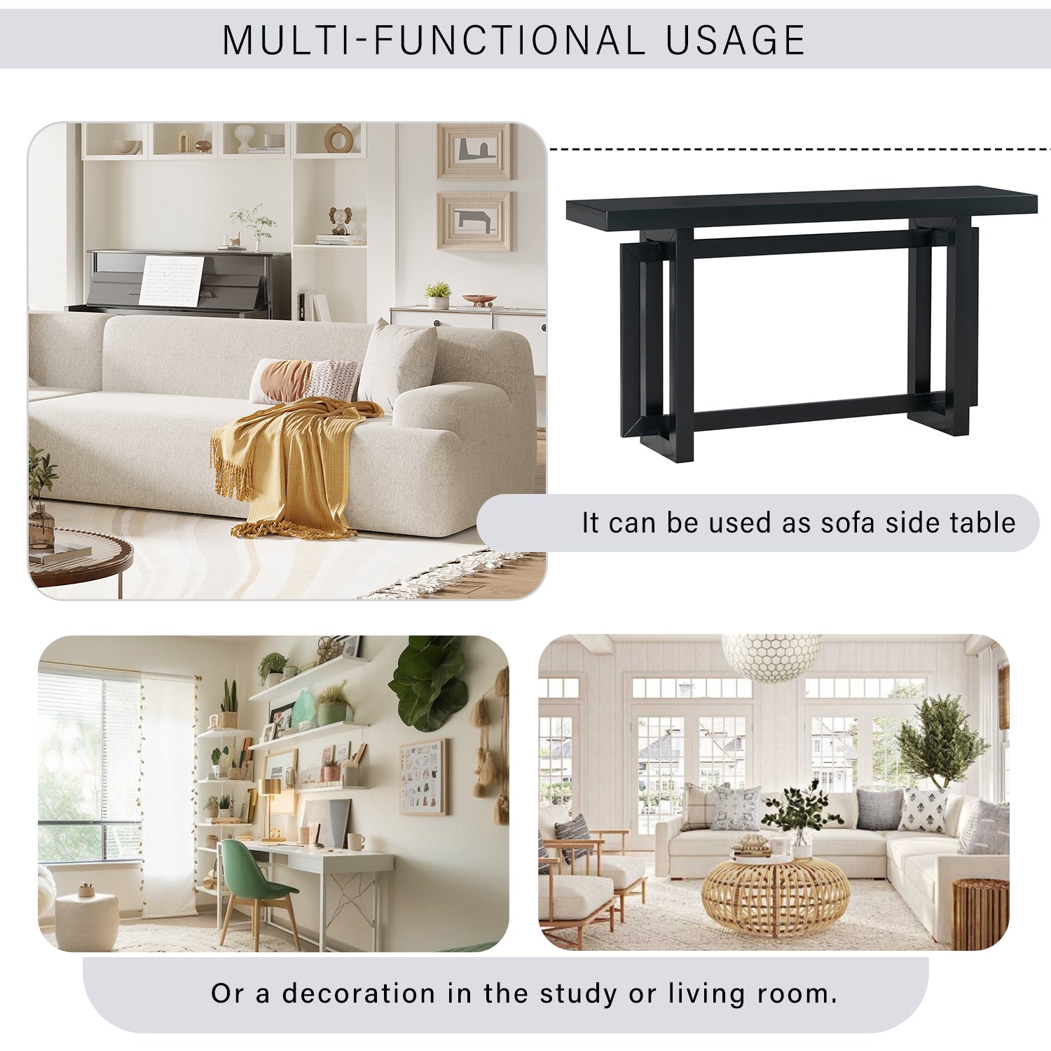 Contemporary Console Table with Industrial-inspired Concrete Wood Top, Extra Long Entryway Table for Entryway - Black