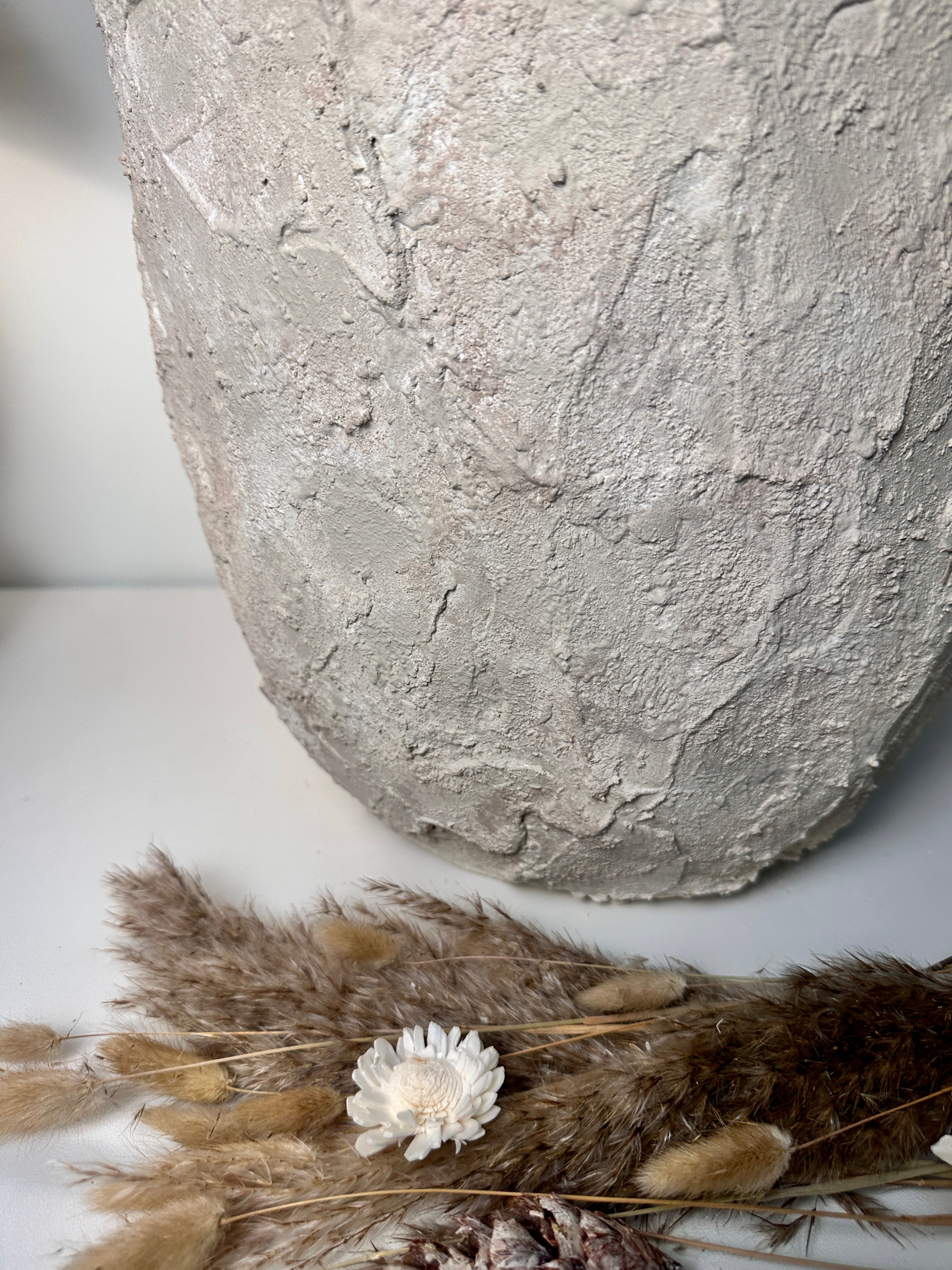 Minimalist Hand-Painted & Textured Planter Pot 14" tall with drainage hole one time creation - Cream