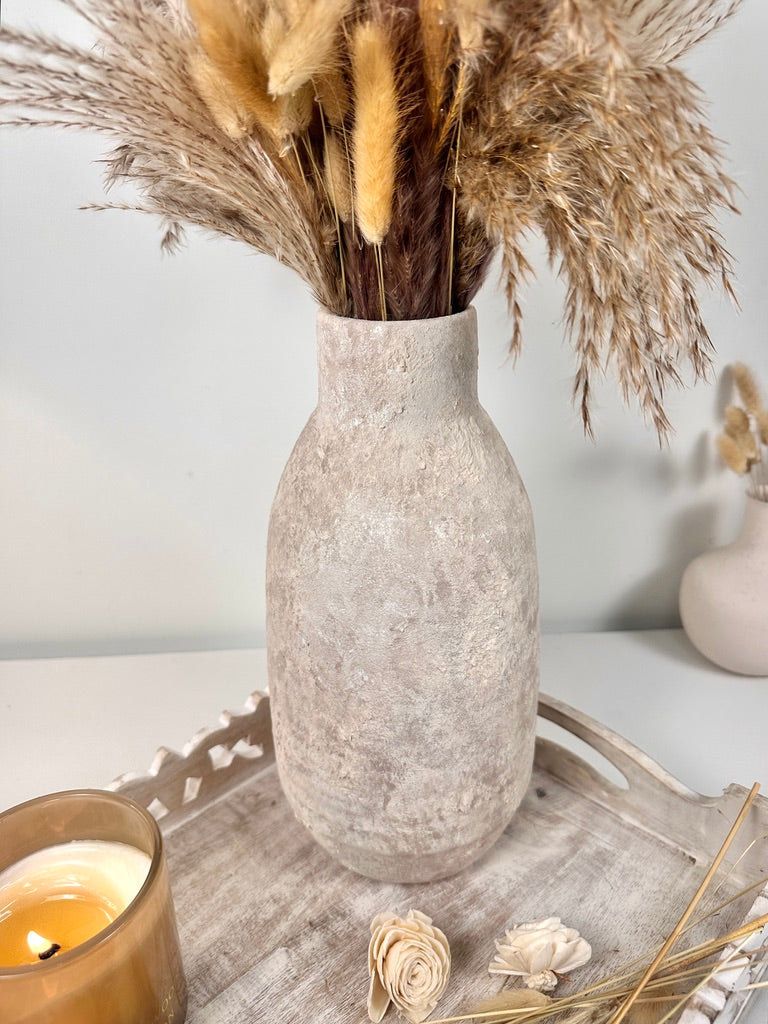 Rustic Hand-Painted/Textured Ceramic Vase 12” tall - beige washed