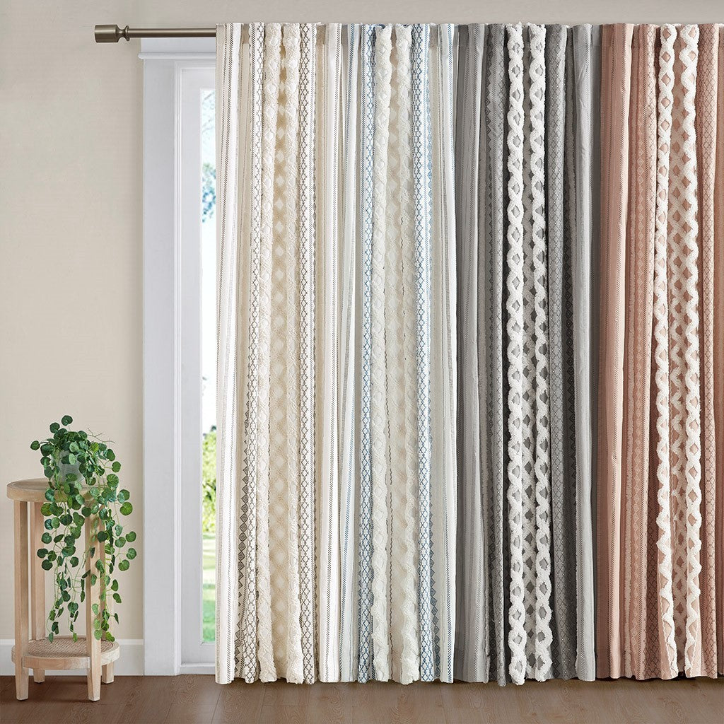50x95" Cotton Printed Curtain Panel with Chenille Stripe and Lining - Ivory+Navy (1 panel only)