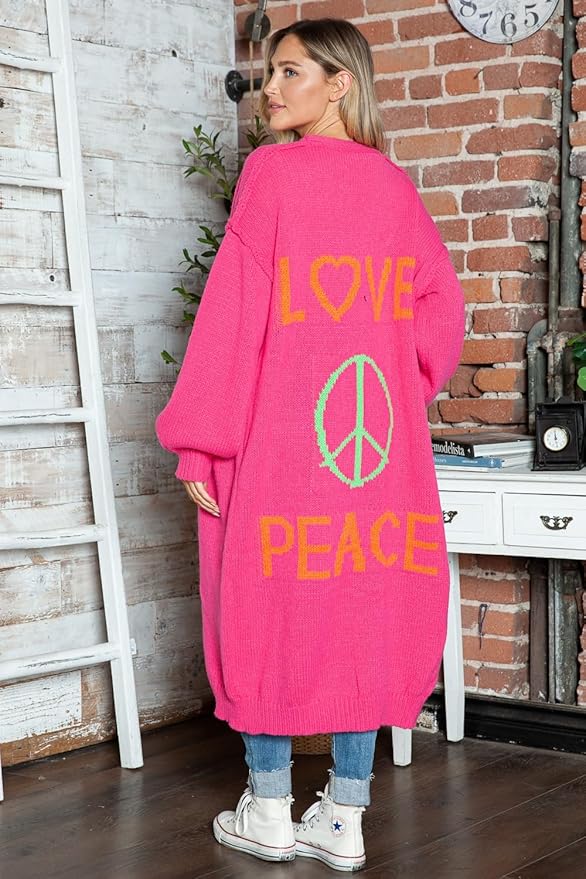 Cozy Women's Love Peace Graphic Oversized Cardigan Sweater Long Sleeve