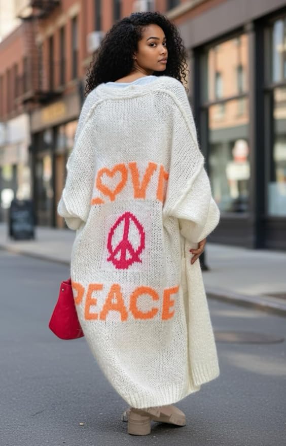 Cozy Women's Love Peace Graphic Oversized Cardigan Long Sleeve