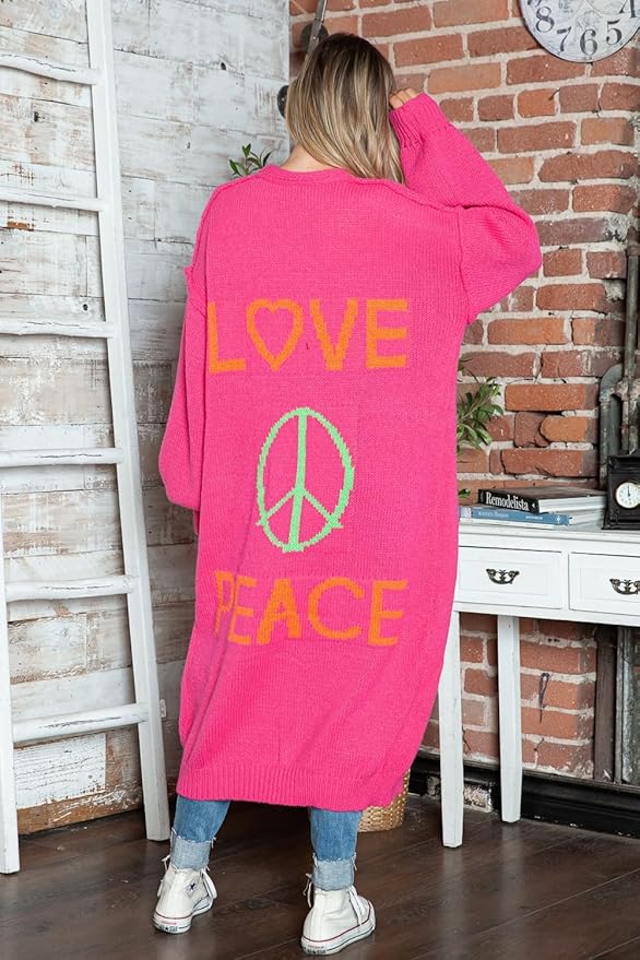 Cozy Women's Love Peace Graphic Oversized Cardigan Sweater Long Sleeve