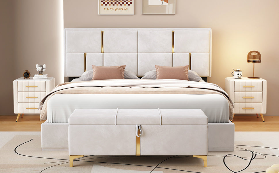 2-Pieces Bedroom Sets: Queen Size Upholstered Platform Bed + Storage Ottoman - Beige