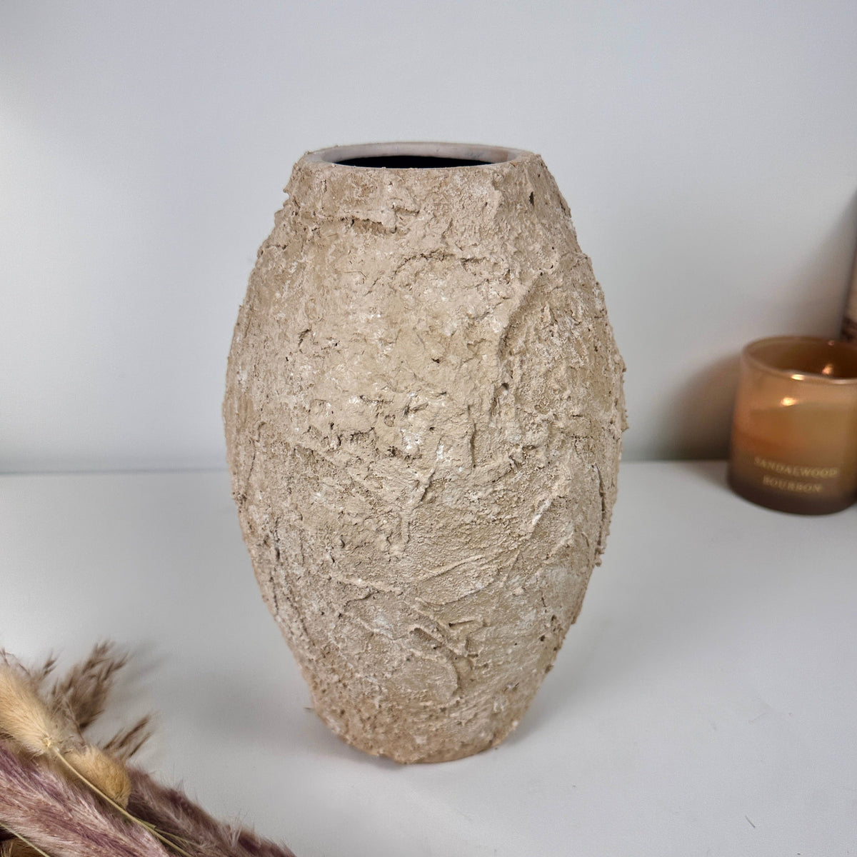 Rustic Minimalist Textured Hand-painted 10.5" tall - Beige Tan washed