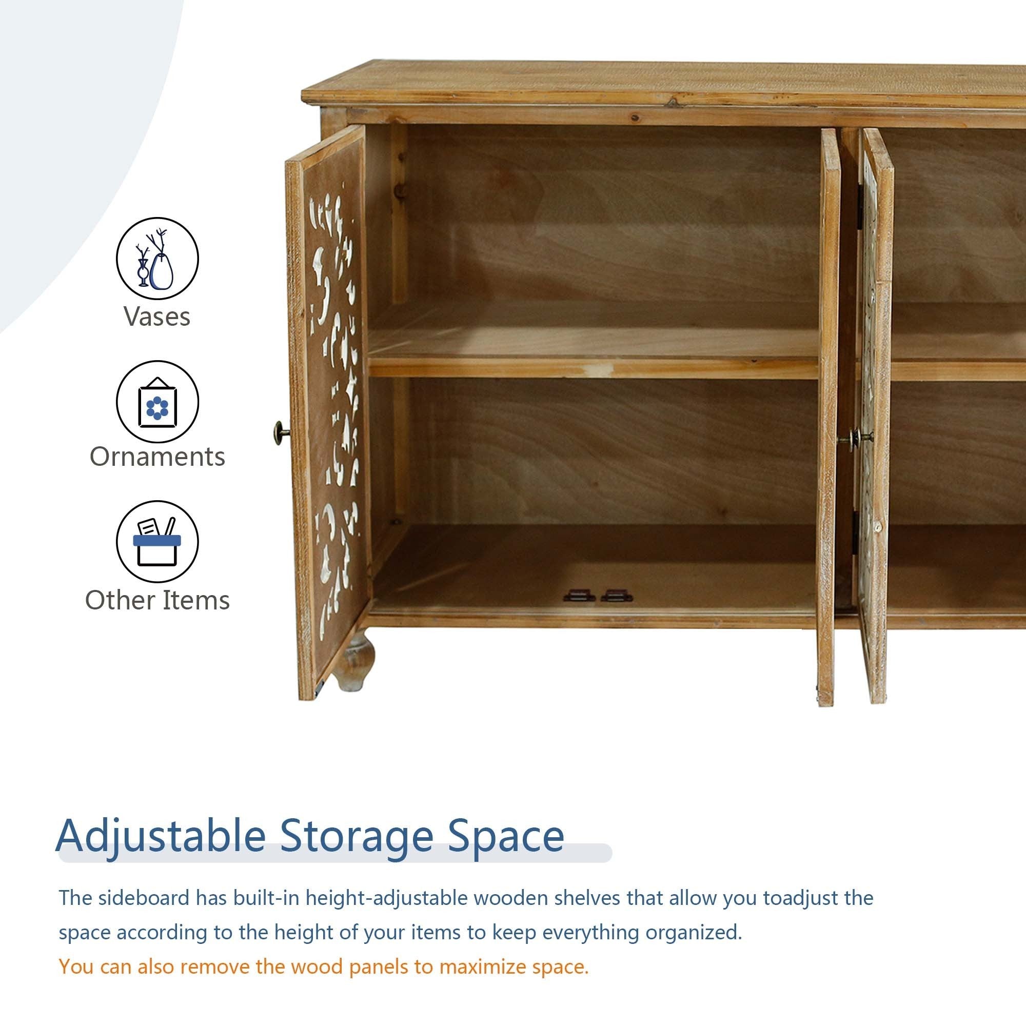 Farmhouse Sideboard Buffet with Storage, Accent Cabinet with 4 Doors, Wood Carved Floral Doors - Natural