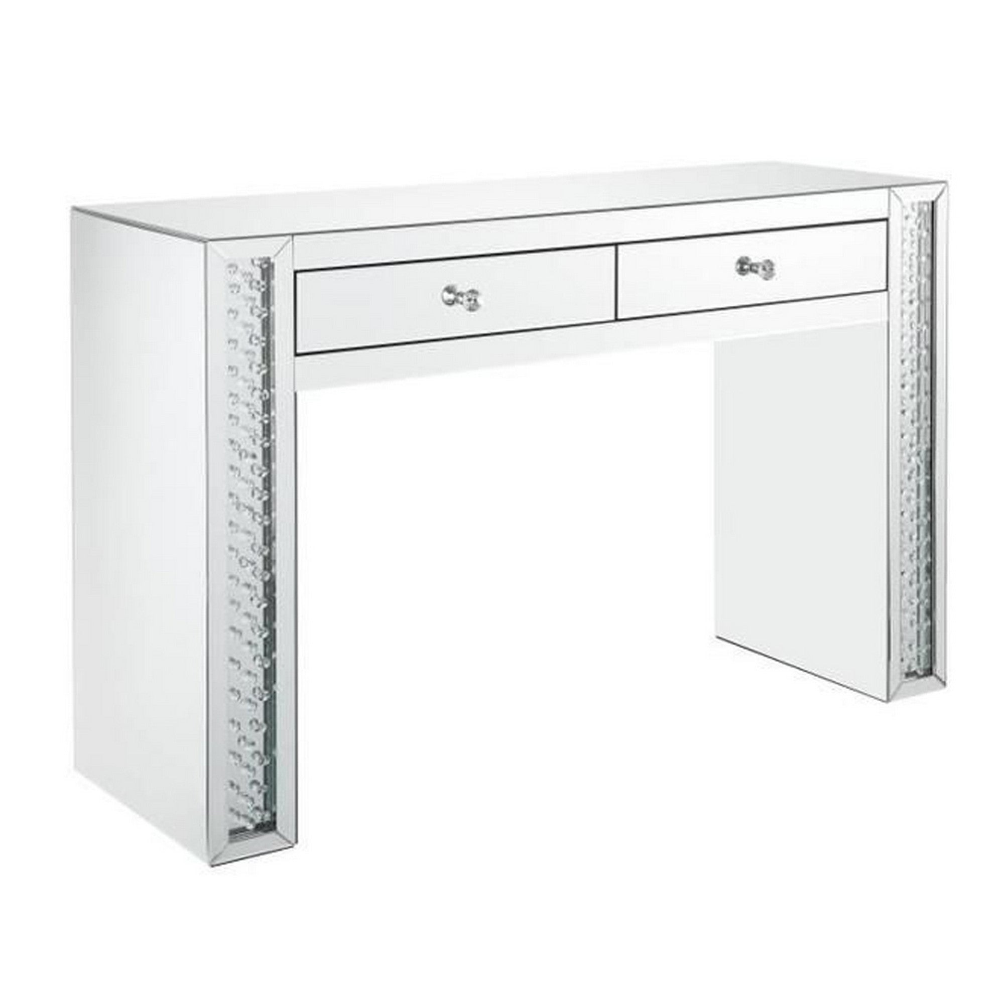 Mirror Accented Two Drawers Wooden Vanity Desk With Faux Crystal Inlay, Silver