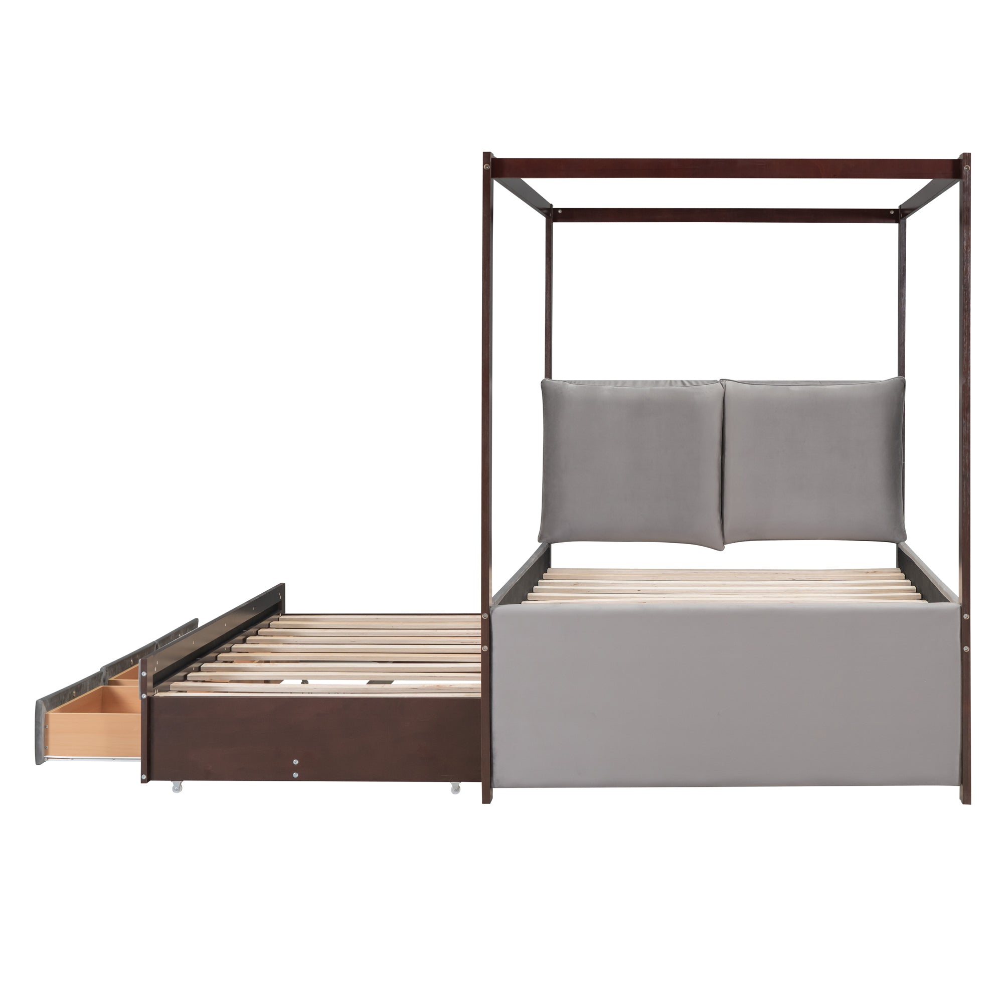 Full Size Upholstered  Canopy Bed with Trundle and 3 Drawers - Gray