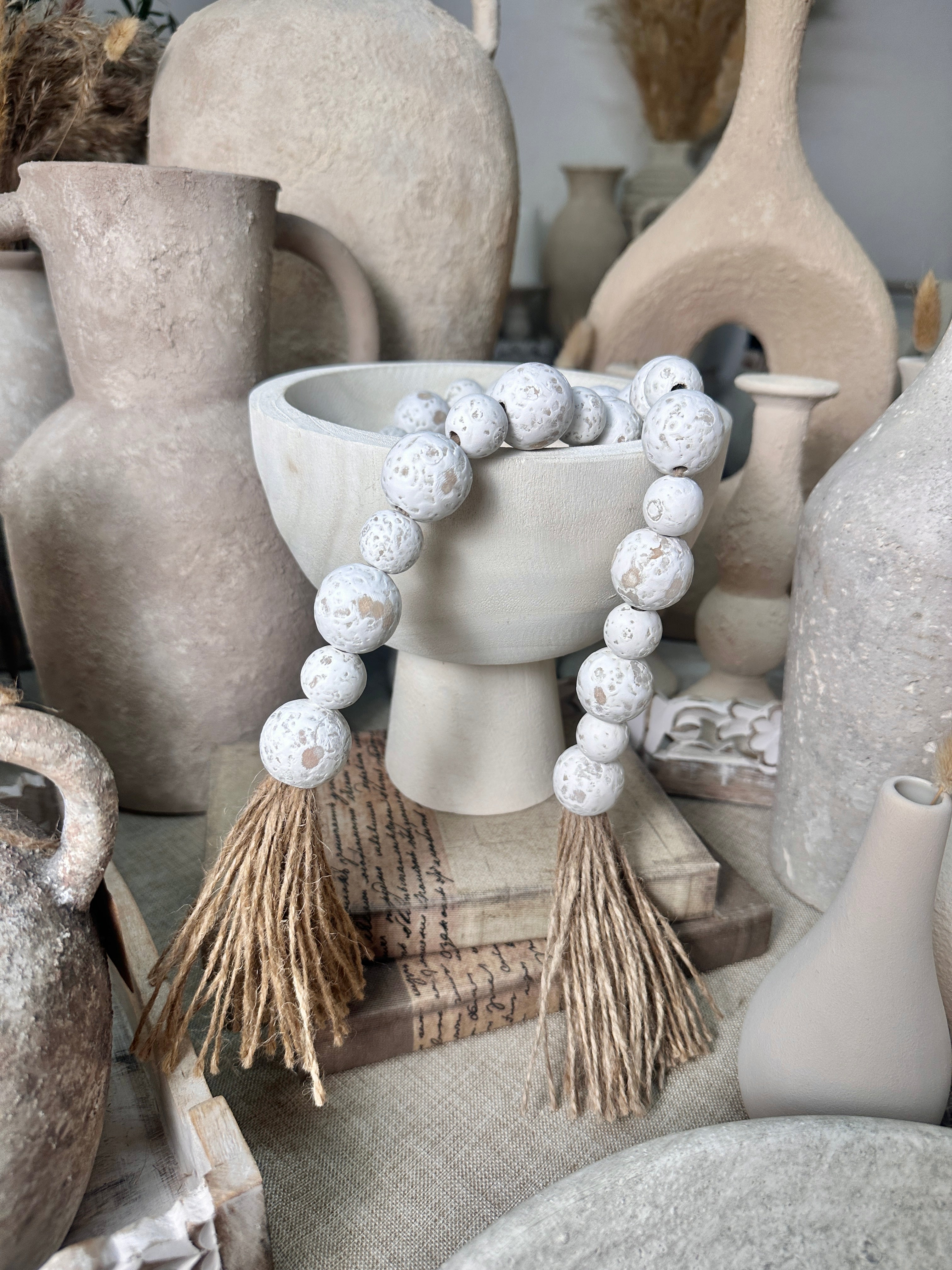 Set of 2 Boho Paulownia Bowl Tray 7"tall Ivory Sand + Wood Bead Garland