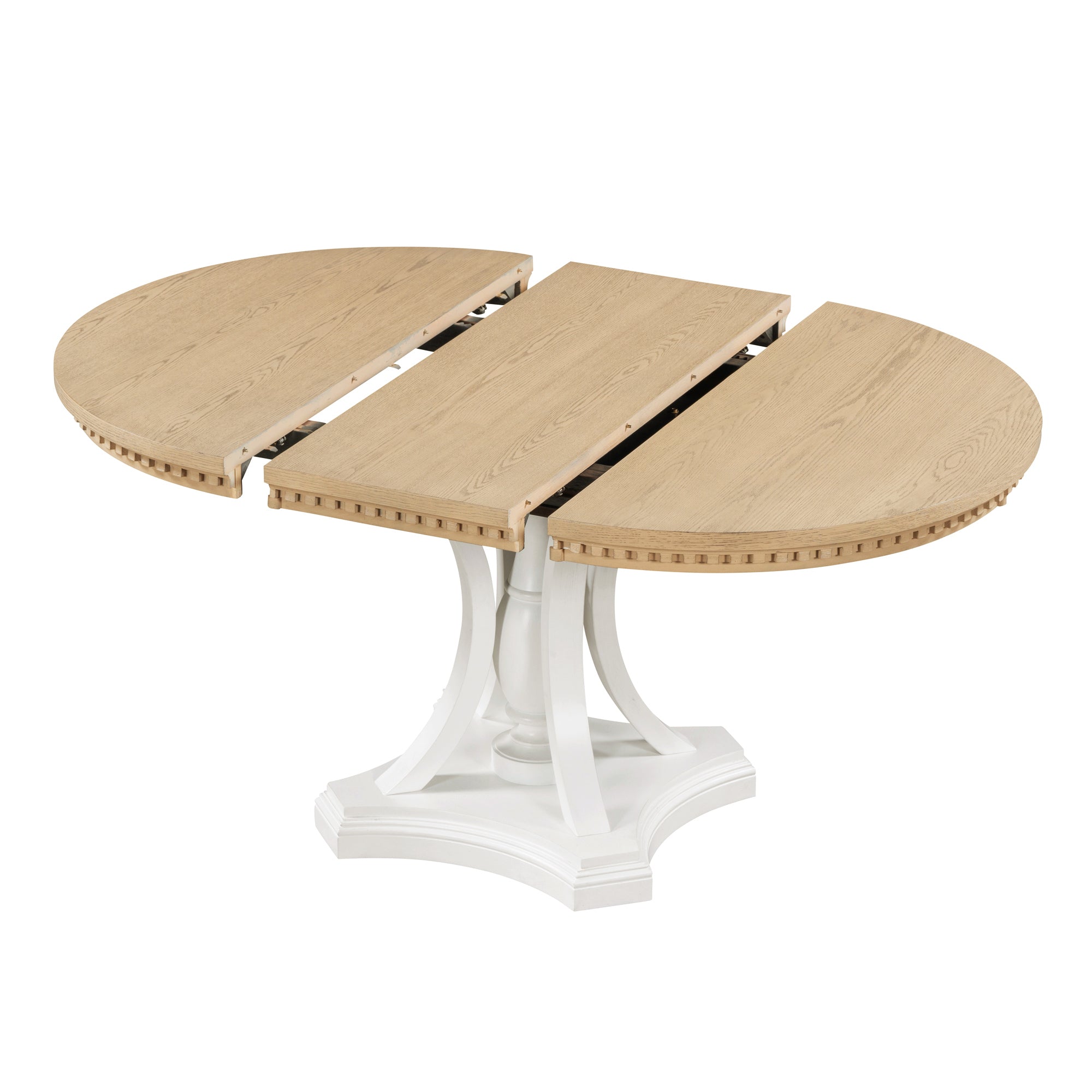 Retro 5-piece Dining Set Extendable Round Table and 4 Chairs - Oak Natural Wood + Antique White