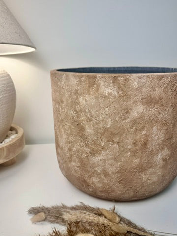 Rustic Hand-Painted & Textured Planter 12" tall with drainage hole one time creation - Brown washed