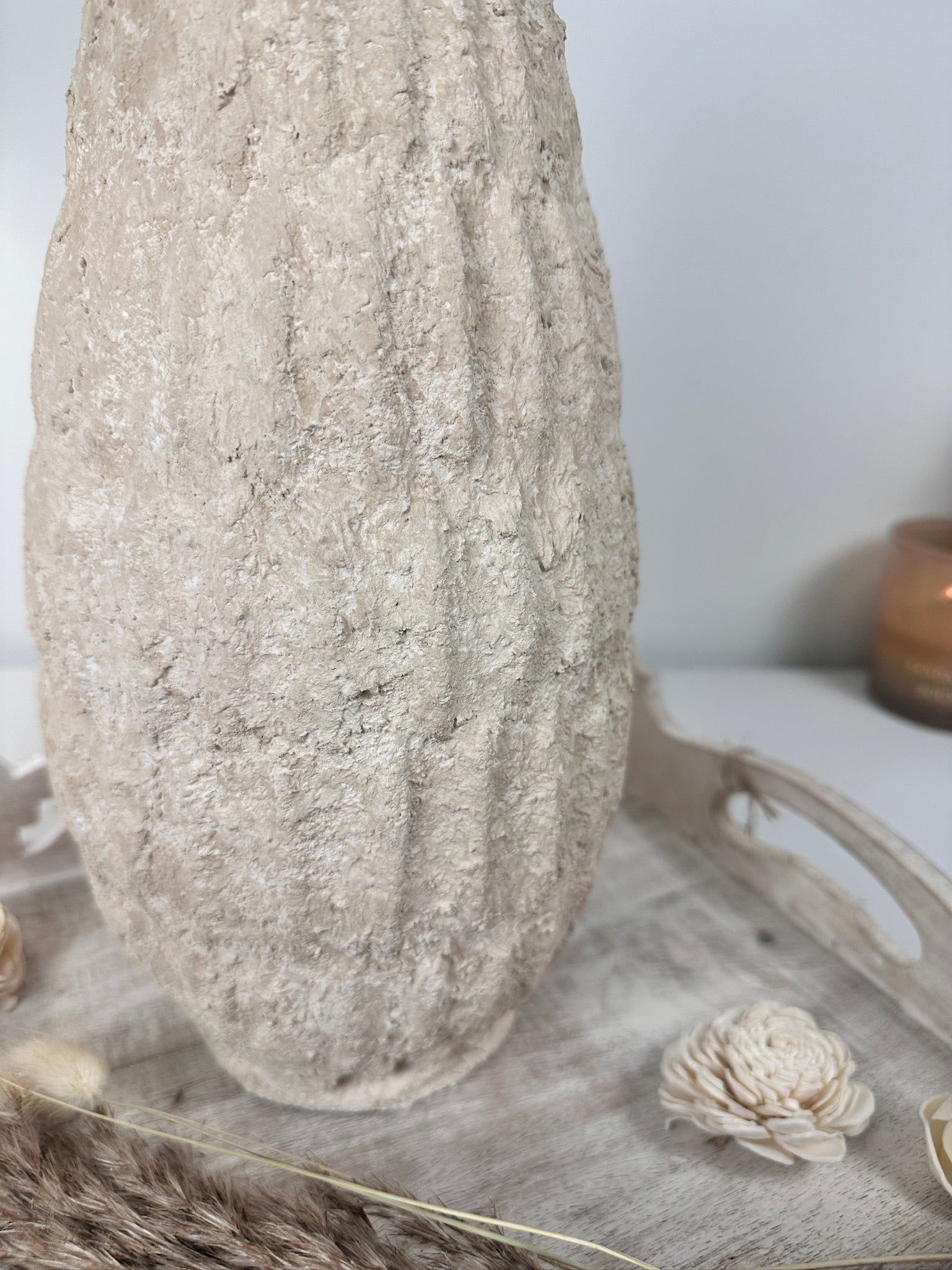 Minimalist Hand-Painted/Textured Ceramic Vase 14" - Cream Sand washed