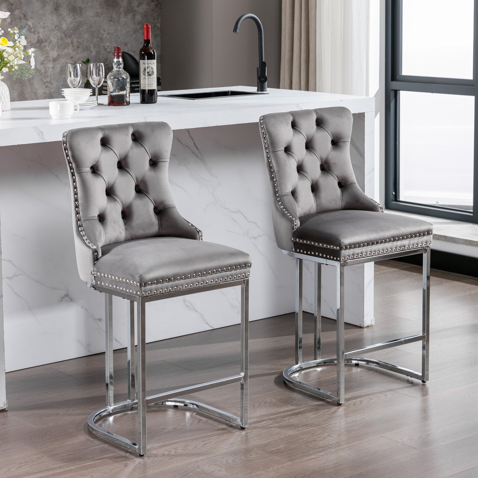 Set of 2, 26" Counter Height Modern Velvet Barstools with Button Back&Rivet Trim Upholstered Kitchen Island Chairs with Sturdy Chromed Metal Base Legs Farmhouse - Gray
