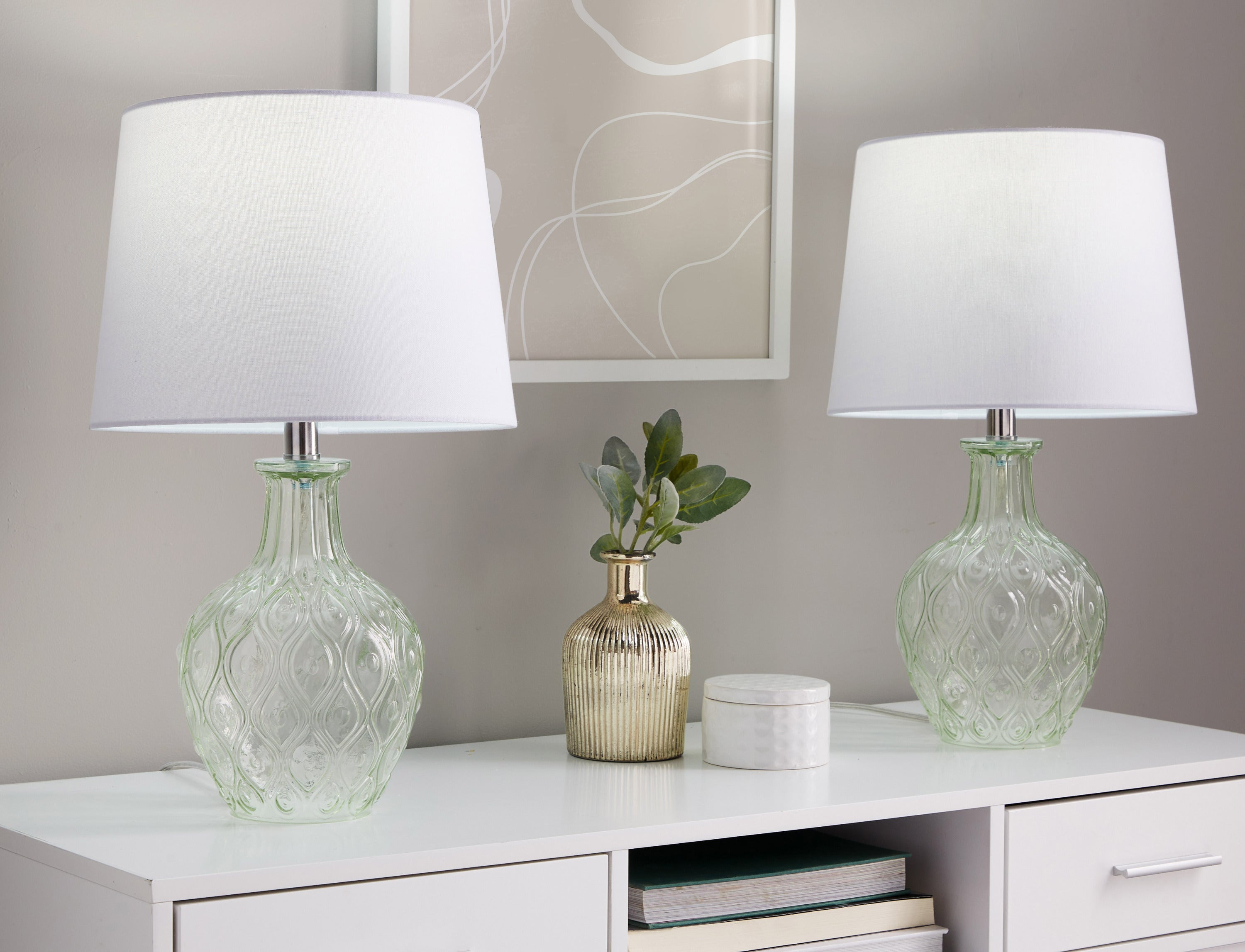 20" Contemporary Glass Accent Lamp in Clear Recycled Spanish Glass, Chrome Metal and White Linen Shade - Set of 2