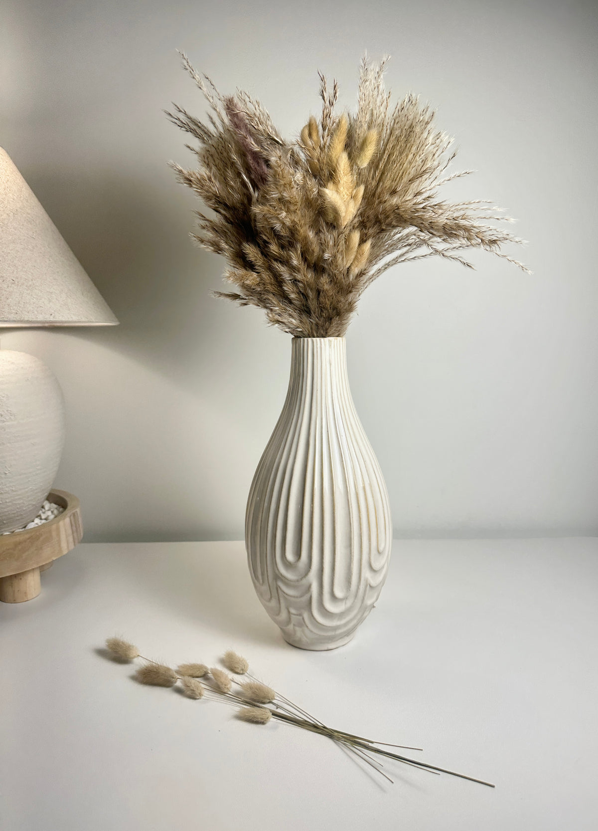 Contemporary Ceramic Ribbed Arc Vase 14"- White