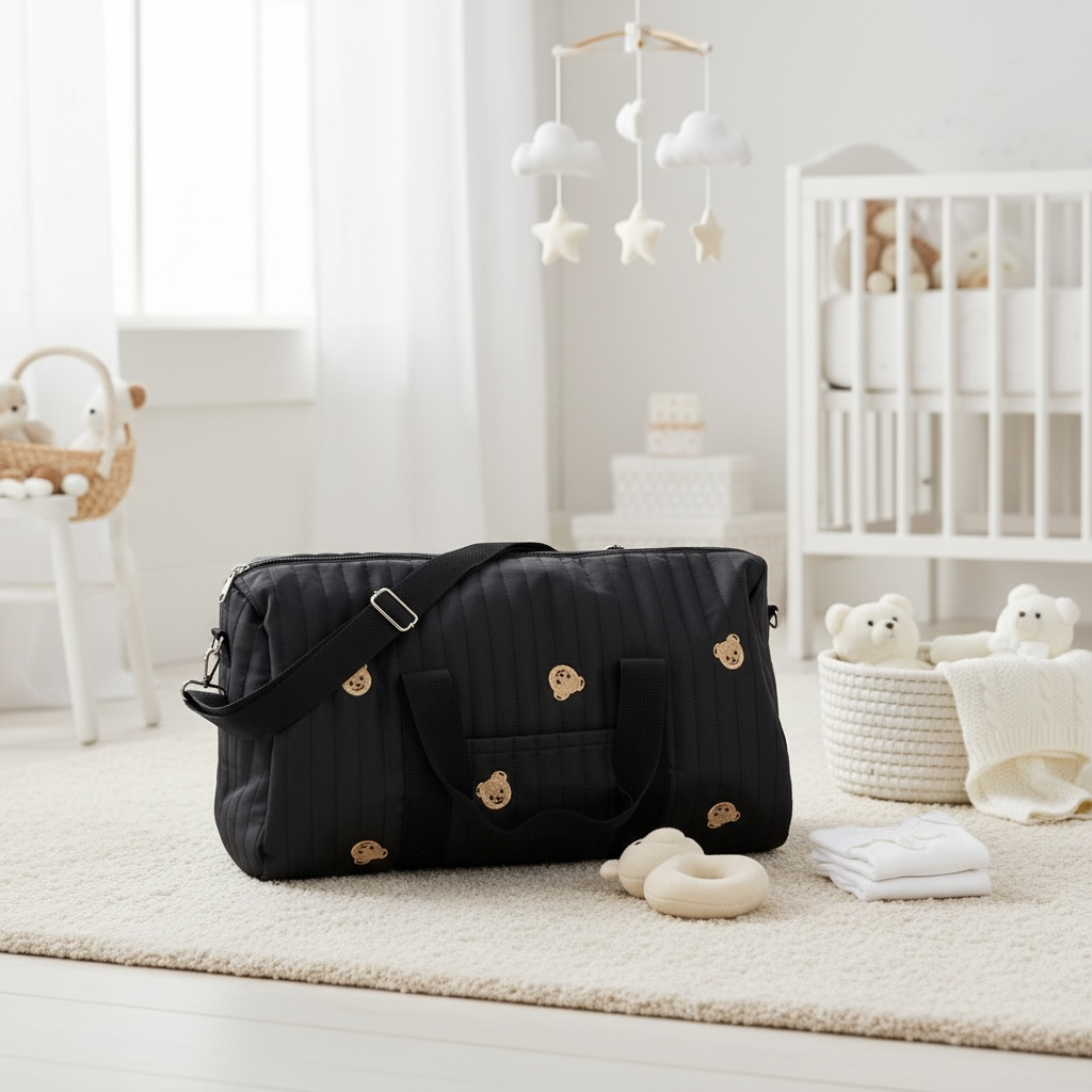 Cozy Quilted Baby Diaper Bag with Bear Pattern, Large Capacity Travel Tote 18“Lx6”Wx12“H