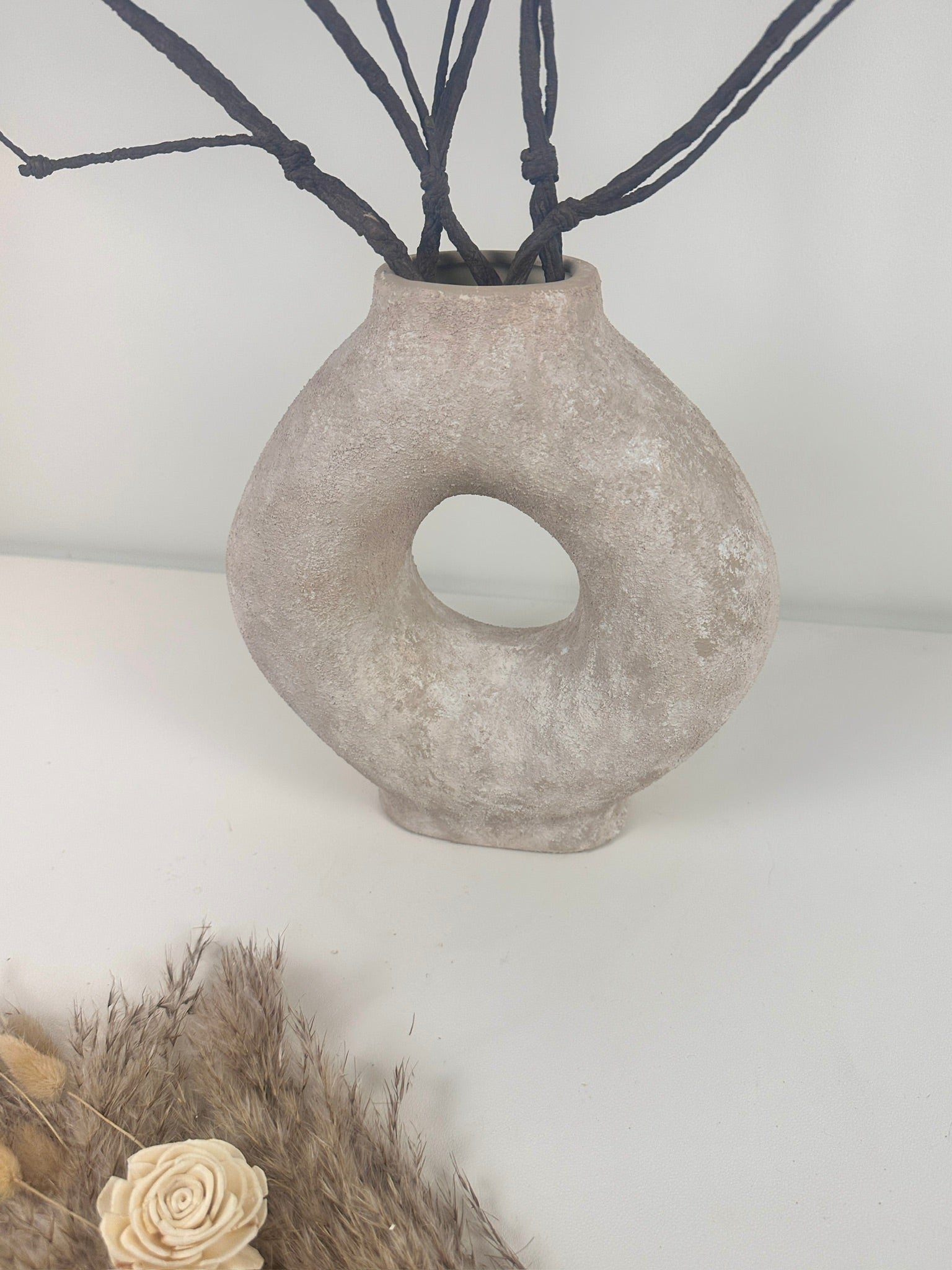 Ceramic Hand-Painted 9.5" tall Vase Donut Shape - Beige wash