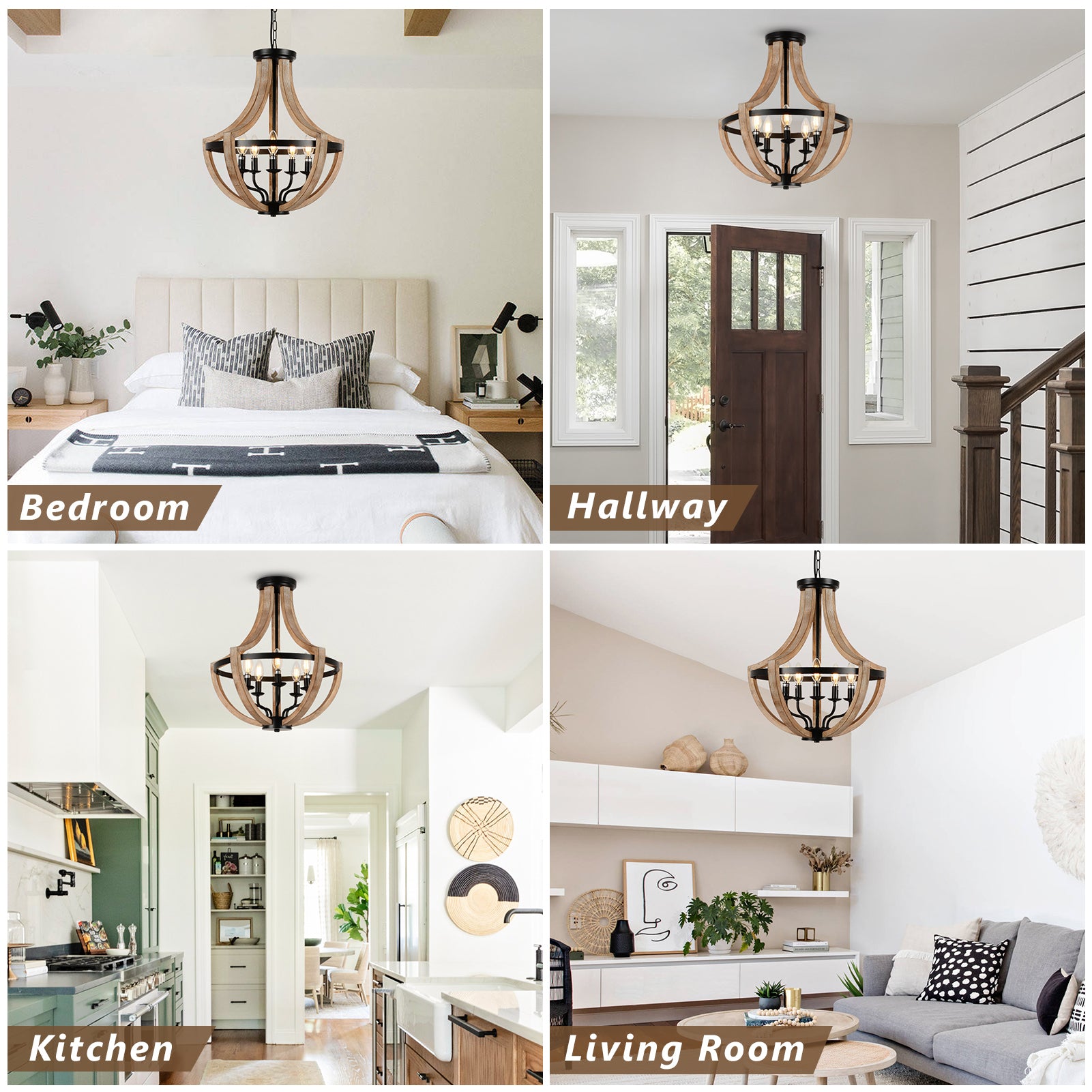 Farmhouse Wood Chandelier Light Fixtures 19"  - Brown