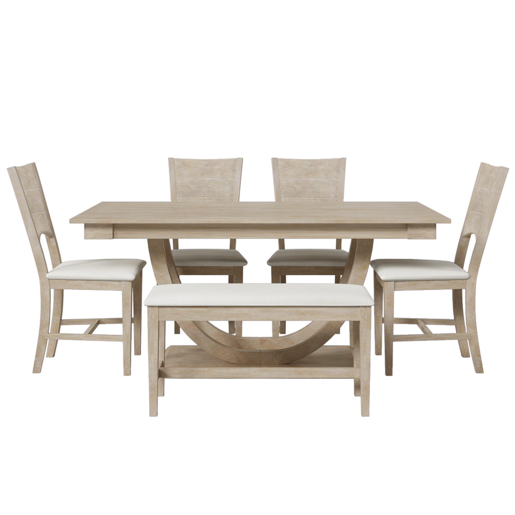 Modern Style 6-Piece Wood Half Round Dining Table Set with Long Bench and 4 Dining Chairs - Natural